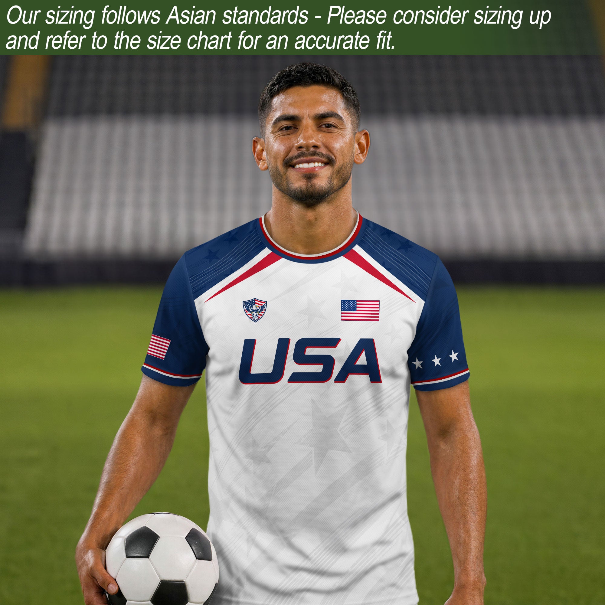 USA Soccer Jersey Adult White Navy Patriotic Diagonal Stripe Shirt United States Tee