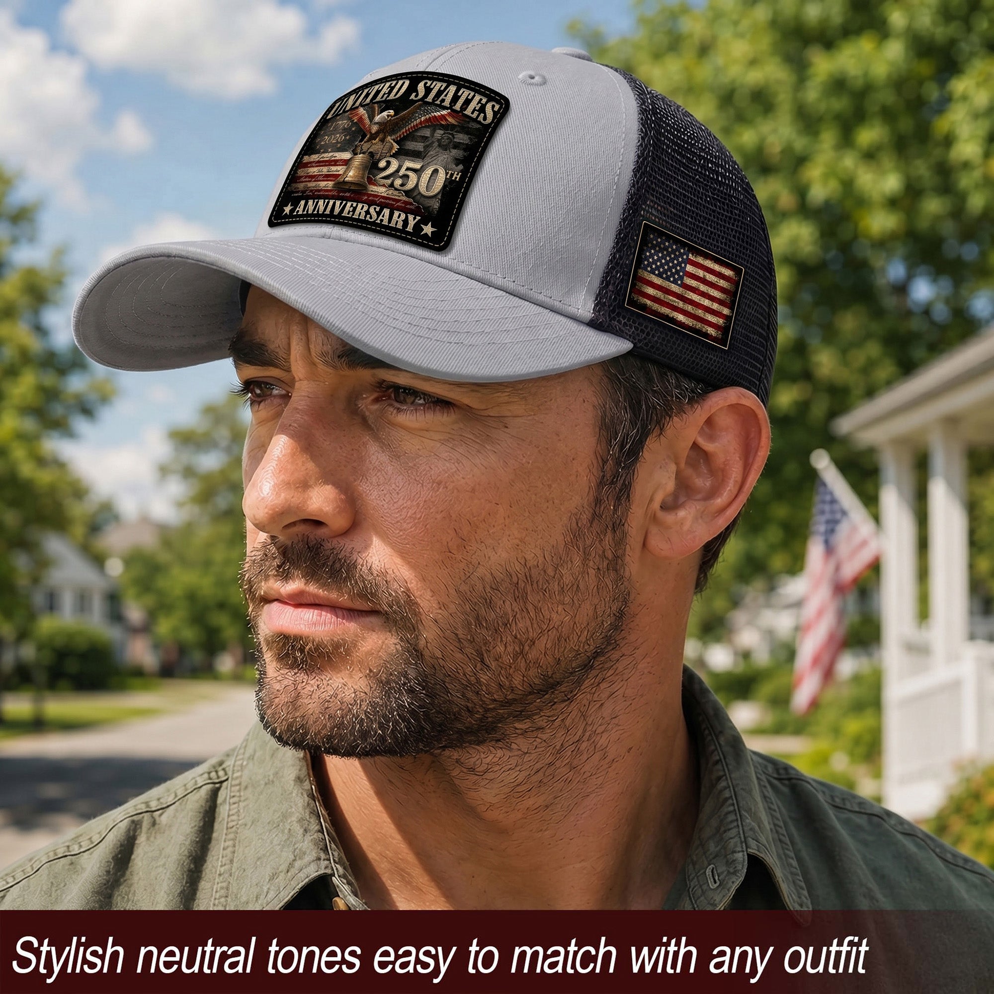 US 250th Anniversary Trucker Hat Statue of Liberty Bell Eagle Patriotic Mesh Cap