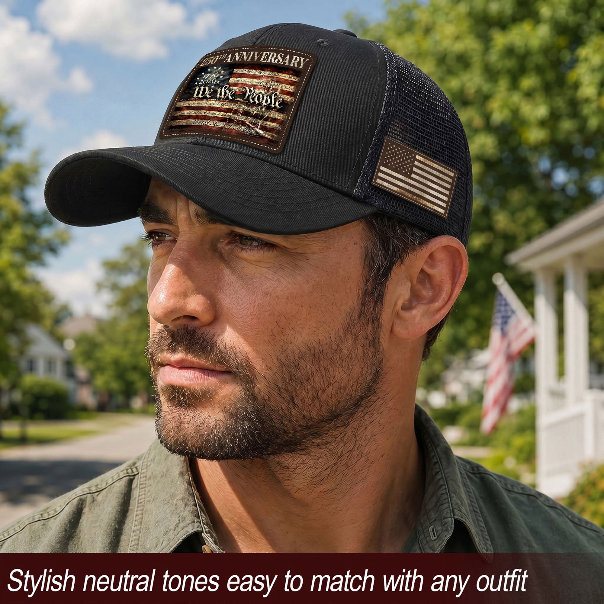 US 250th Anniversary Trucker Hat We The People Constitution Patriotic Leather Patch Cap