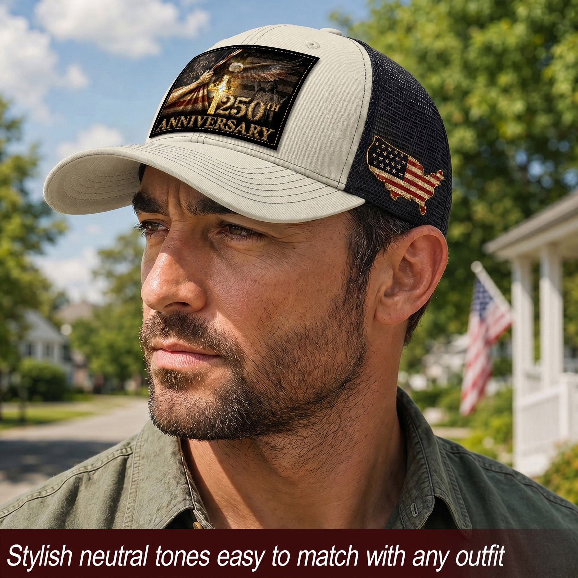 US 250th Anniversary Trucker Hat Christian Cross Eagle Patriotic Leather Patch Mesh Cap
