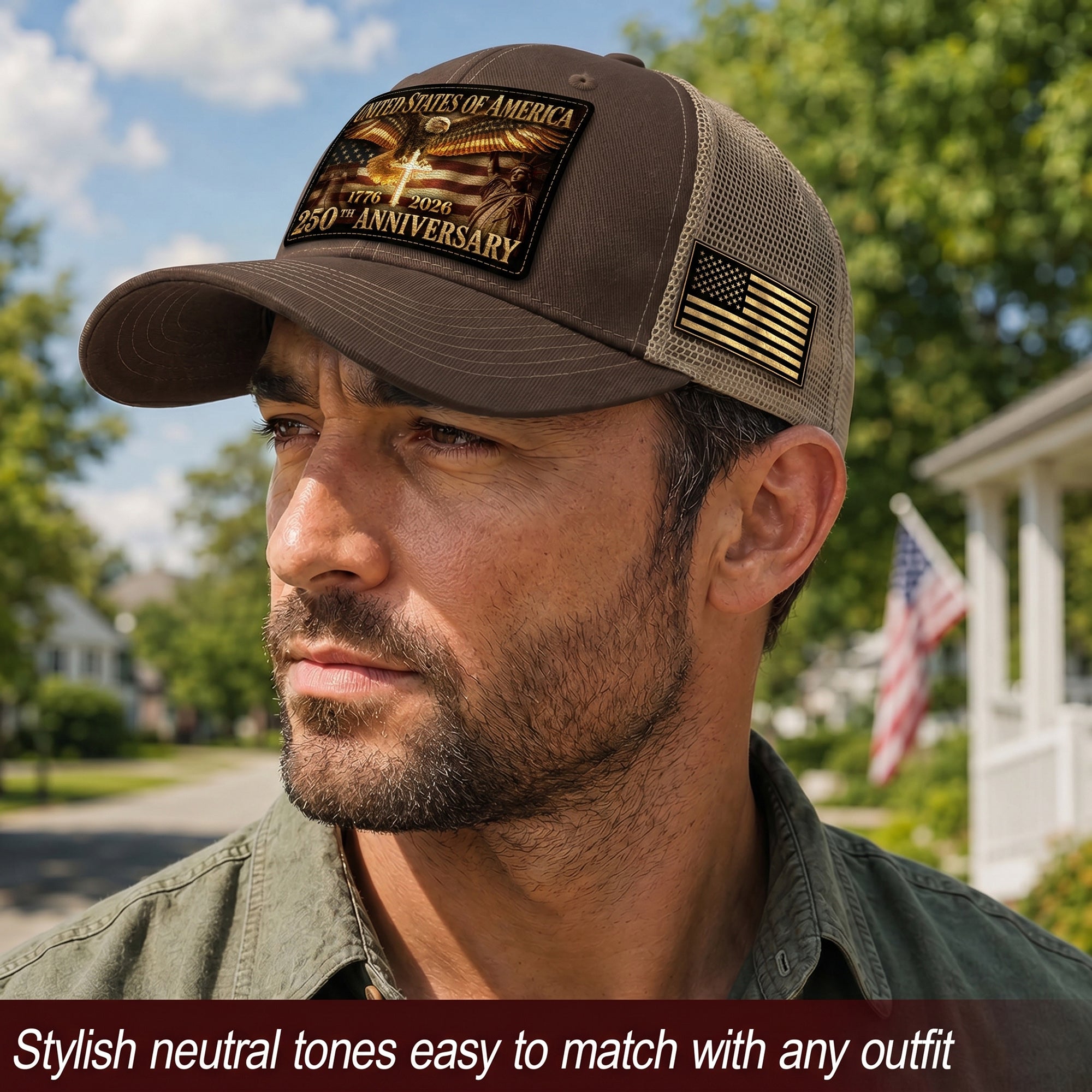 US 250th Anniversary Trucker Hat Christian Cross Eagle Liberty Bell Patriotic Mesh Cap