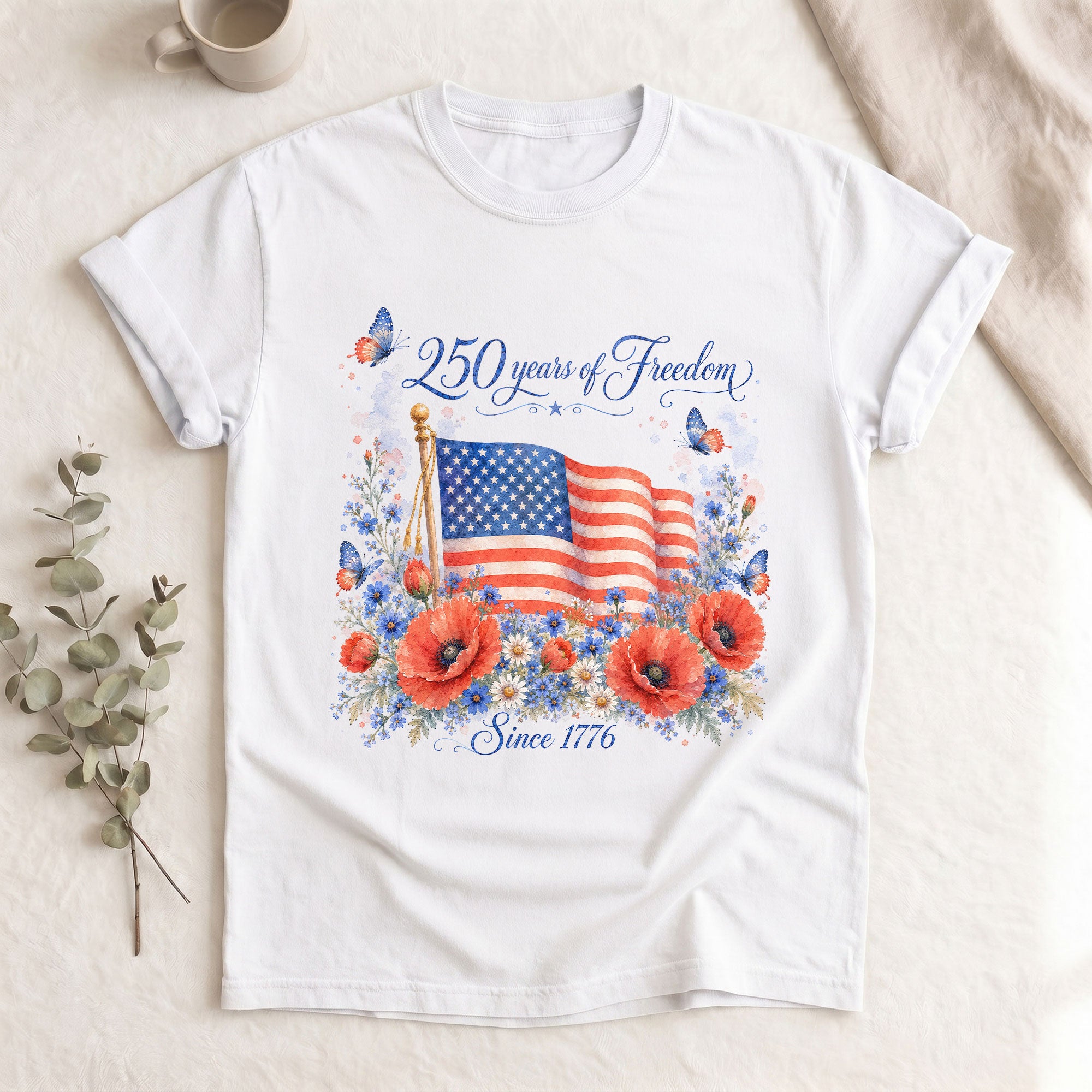 250 Years of Freedom T-Shirt 1776 US Flag Floral Patriotic Women Oversized Graphic Tee
