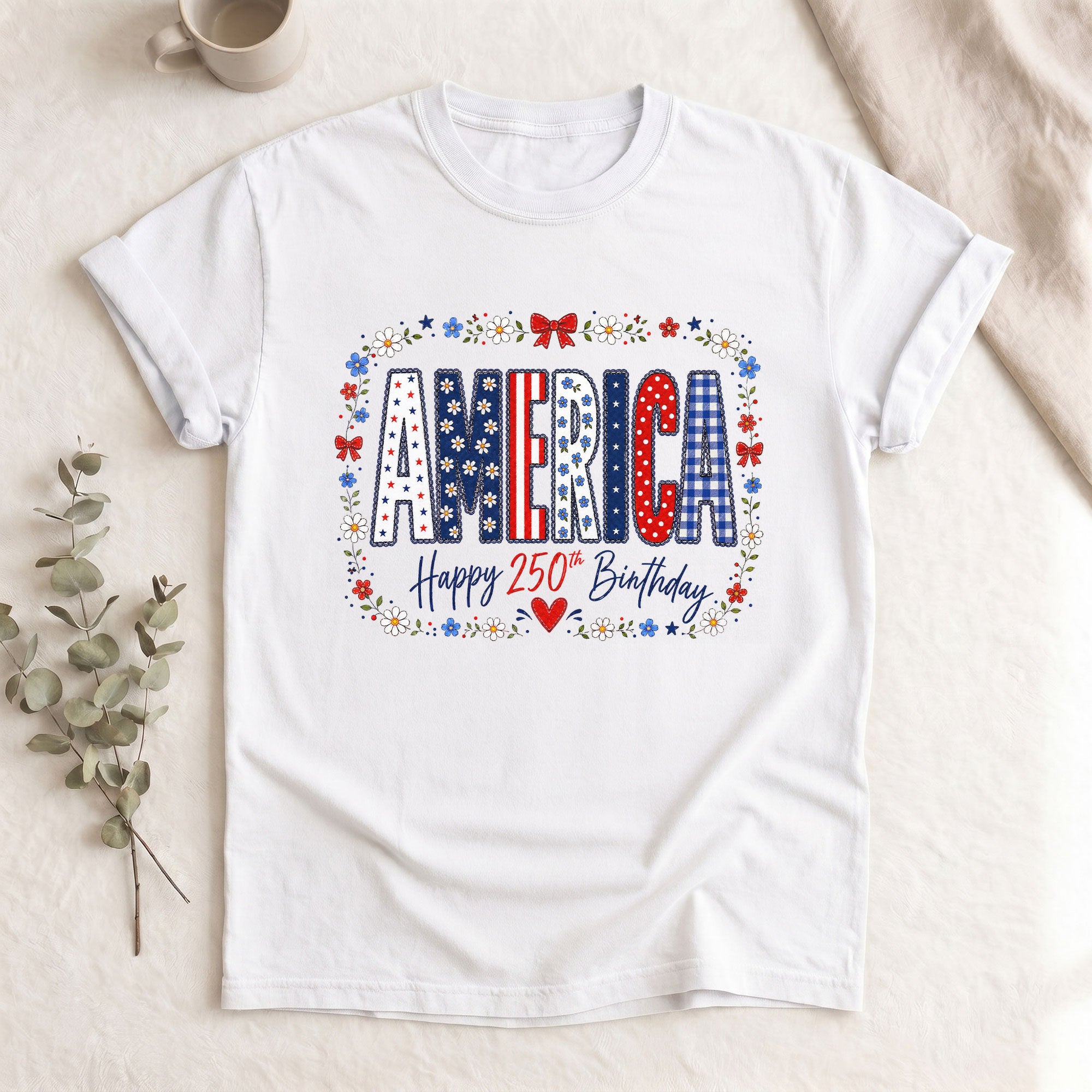 Happy 250th Birthday T-Shirt Patriotic Floral America Graphic Tee Fourth of July