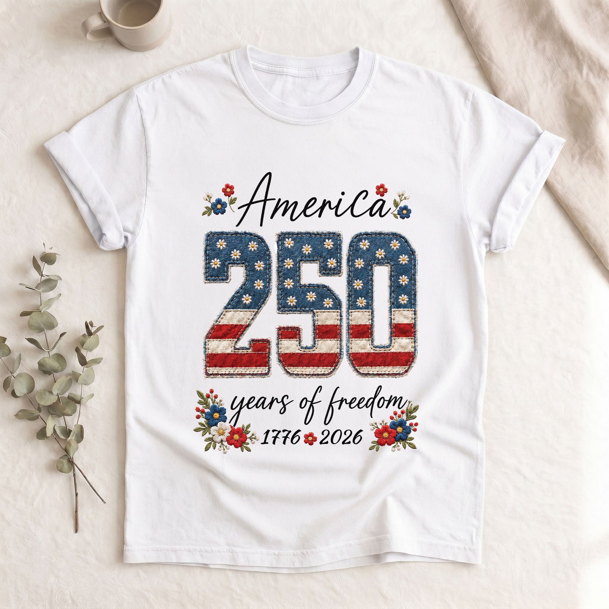 America 250 Years of Freedom T-Shirt 1776 2026 US Flag Floral Patriotic Women Tee