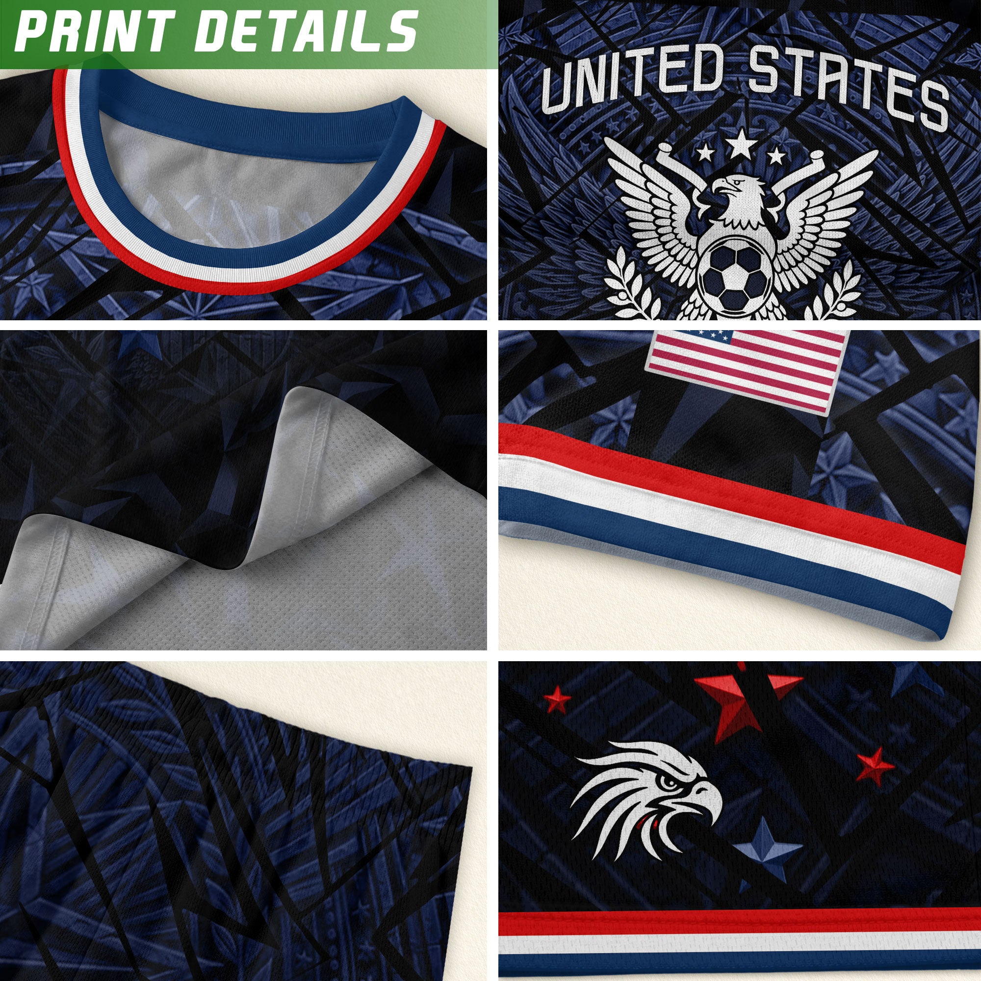 USA Patriotic Kids Soccer Jersey Navy Blue Eagle American Flag Youth Football Shirt