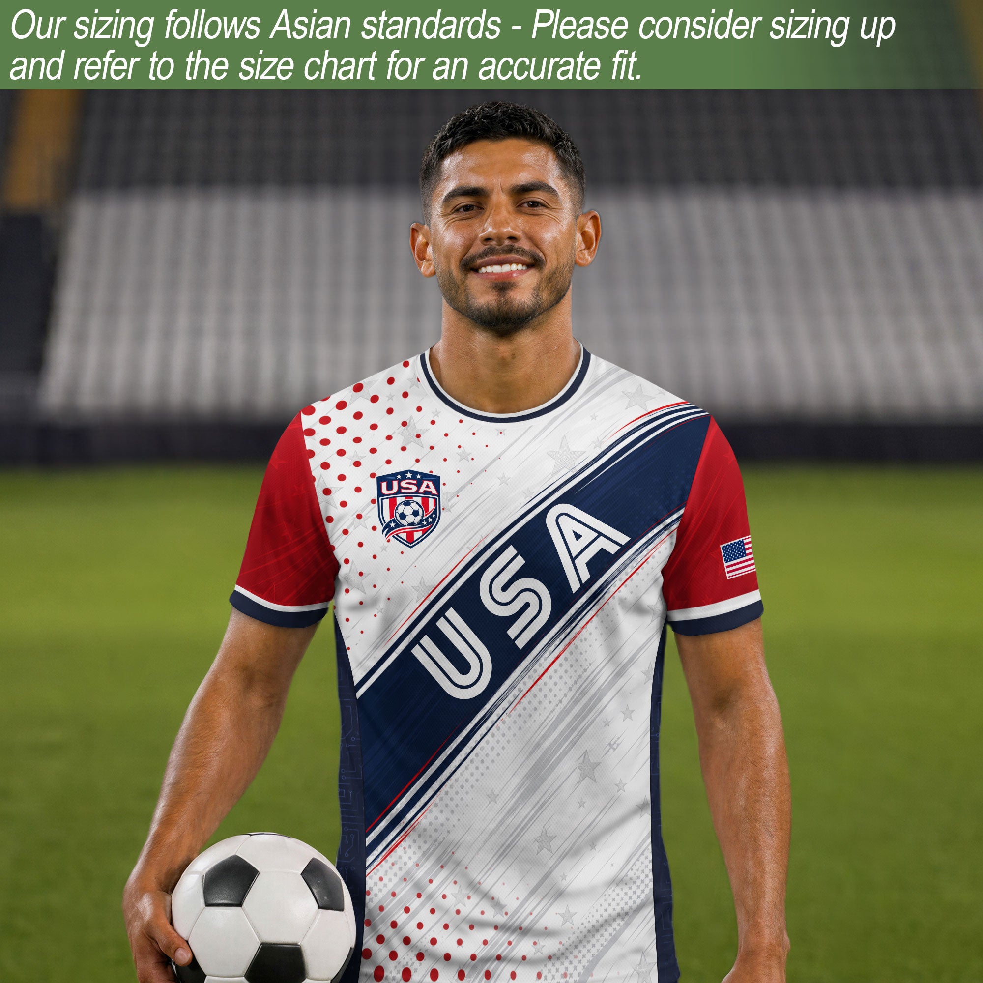 Adult USA Soccer Jersey White Navy Patriotic Diagonal Sash Polka Dot United States Tee