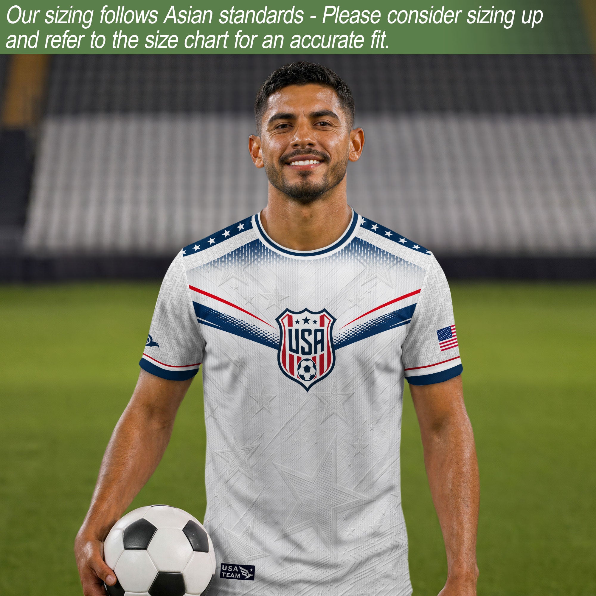 Adult USA Soccer Jersey Patriotic White Flag Pattern Lettering United States Fan Shirt