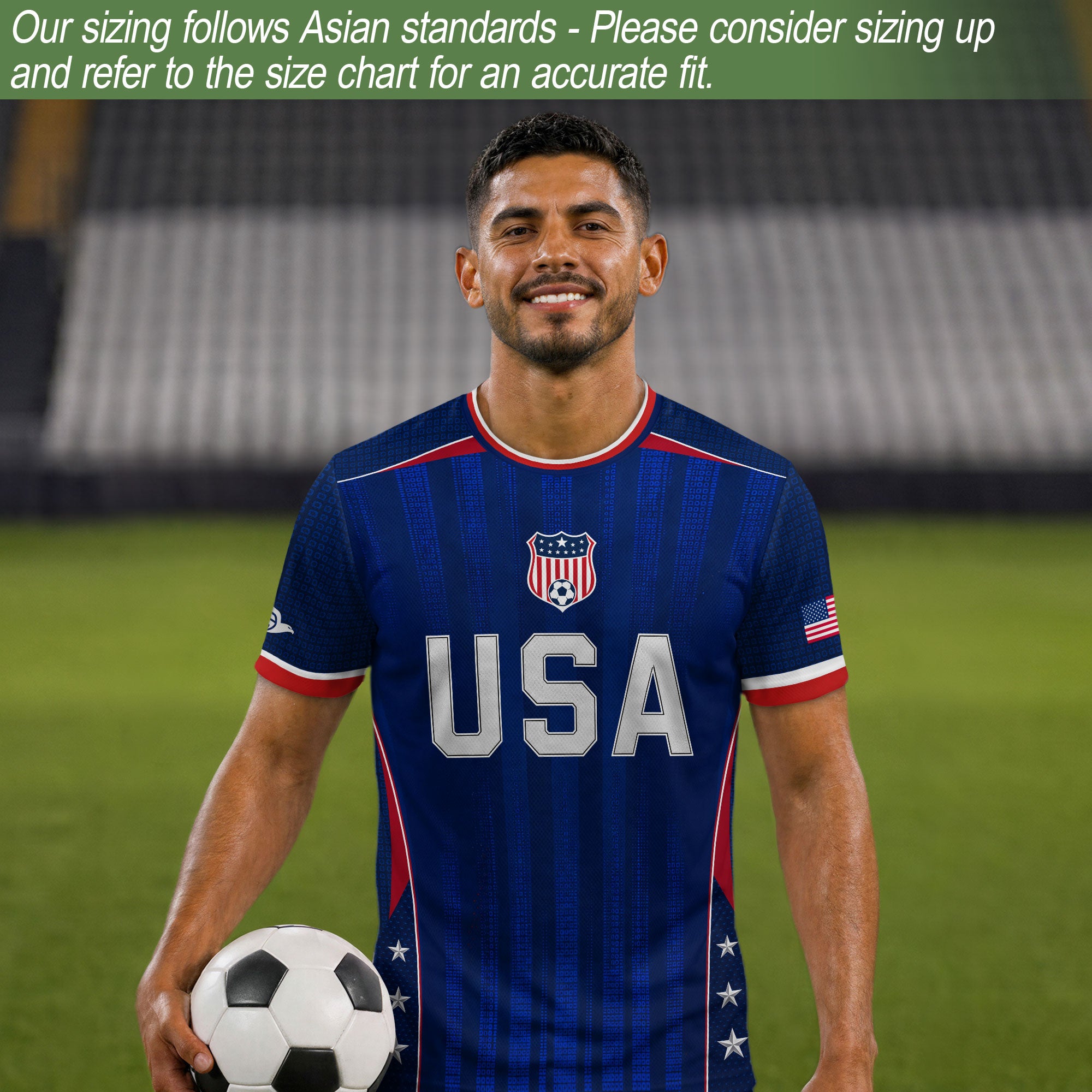 Adult USA Soccer Jersey Navy Blue Patriotic Vertical Stripe Star Side United States Tee