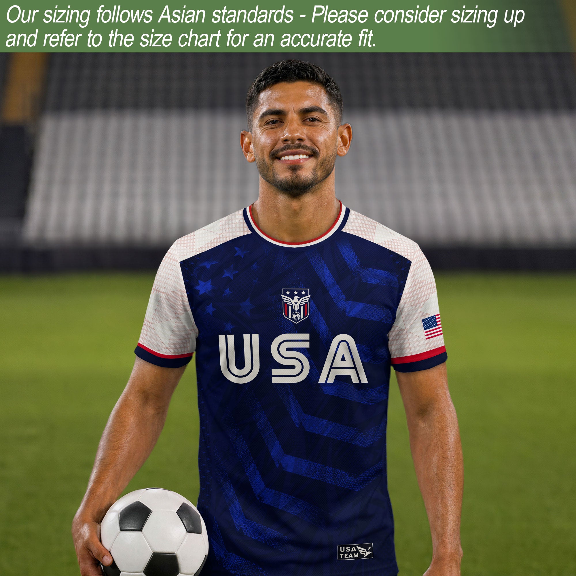 Adult USA Soccer Jersey Navy Blue Patriotic Big Chevron Graphic United States Fan Shirt