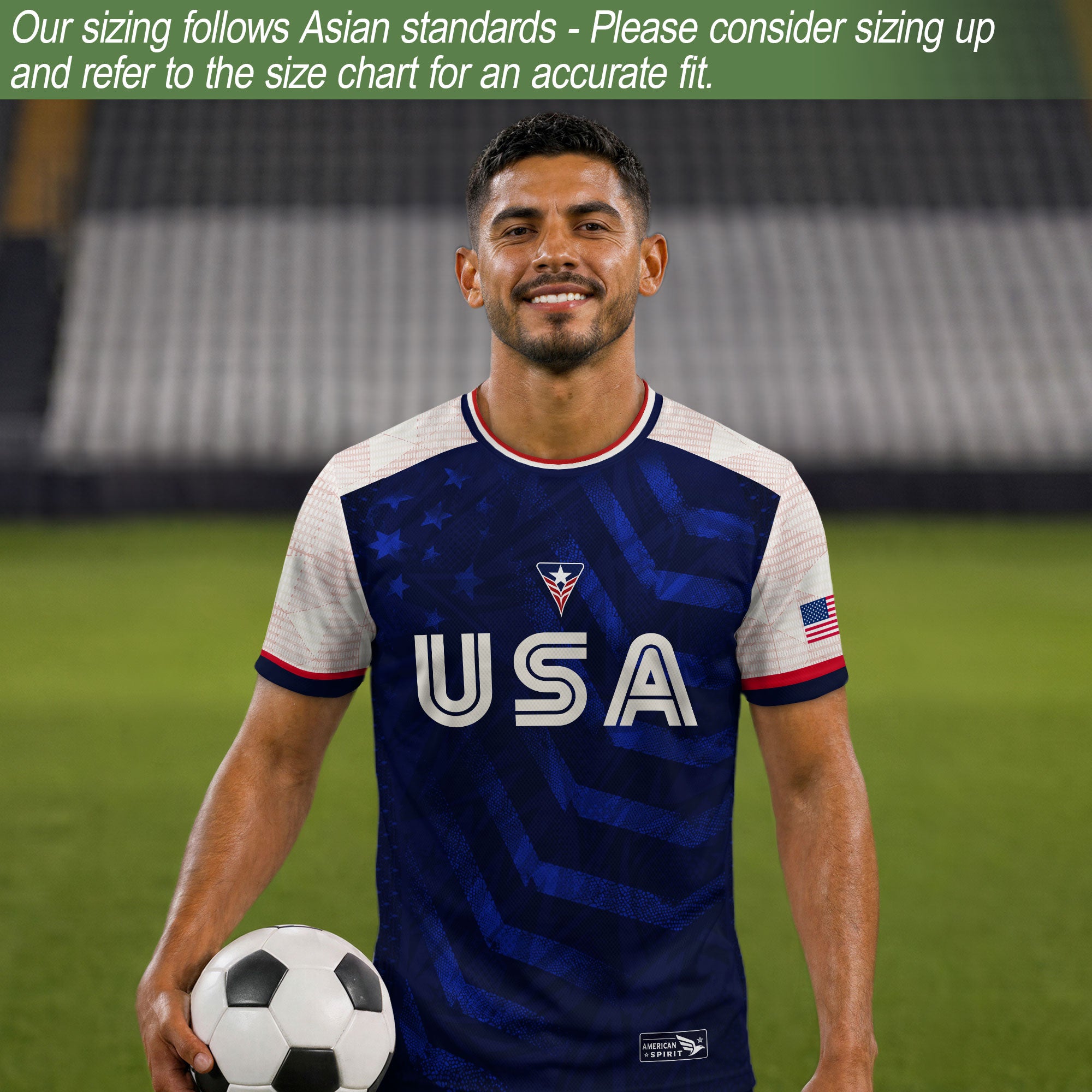 Adult USA Soccer Jersey Navy Blue Patriotic Big Chevron Graphic United States Fan Shirt