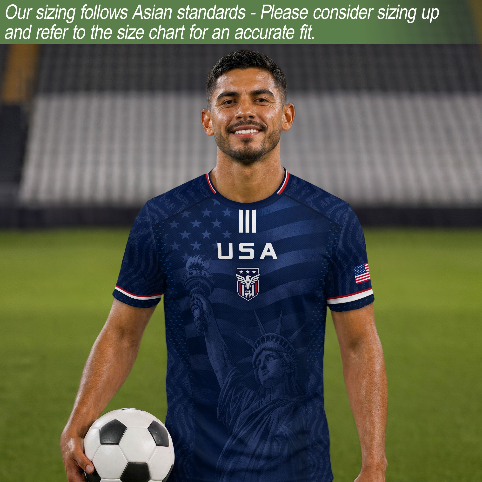 Adult USA Soccer Jersey Navy Patriotic Statue of Liberty Artistic Graphic Football Tee