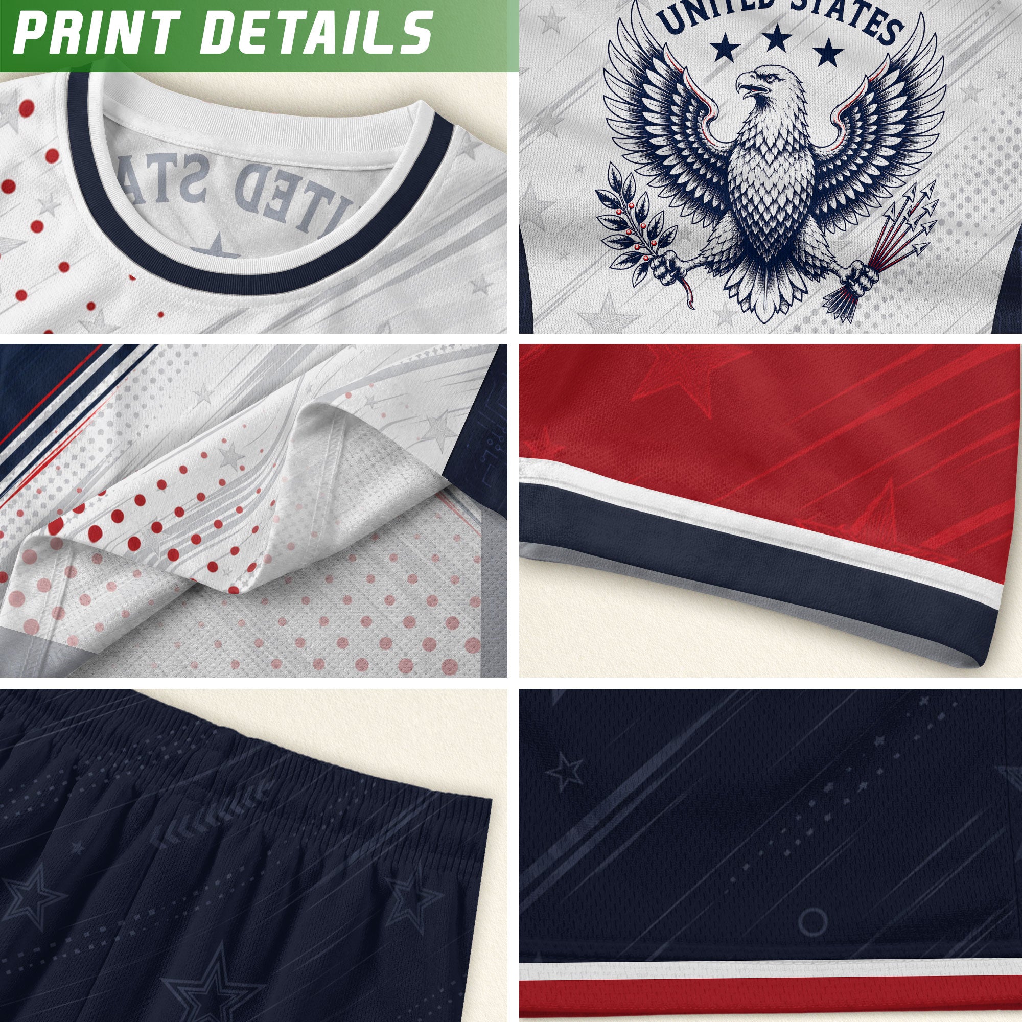 Kids USA Soccer Jersey Youth Patriotic White Navy Diagonal Sash Polka Dot Sport Shirt