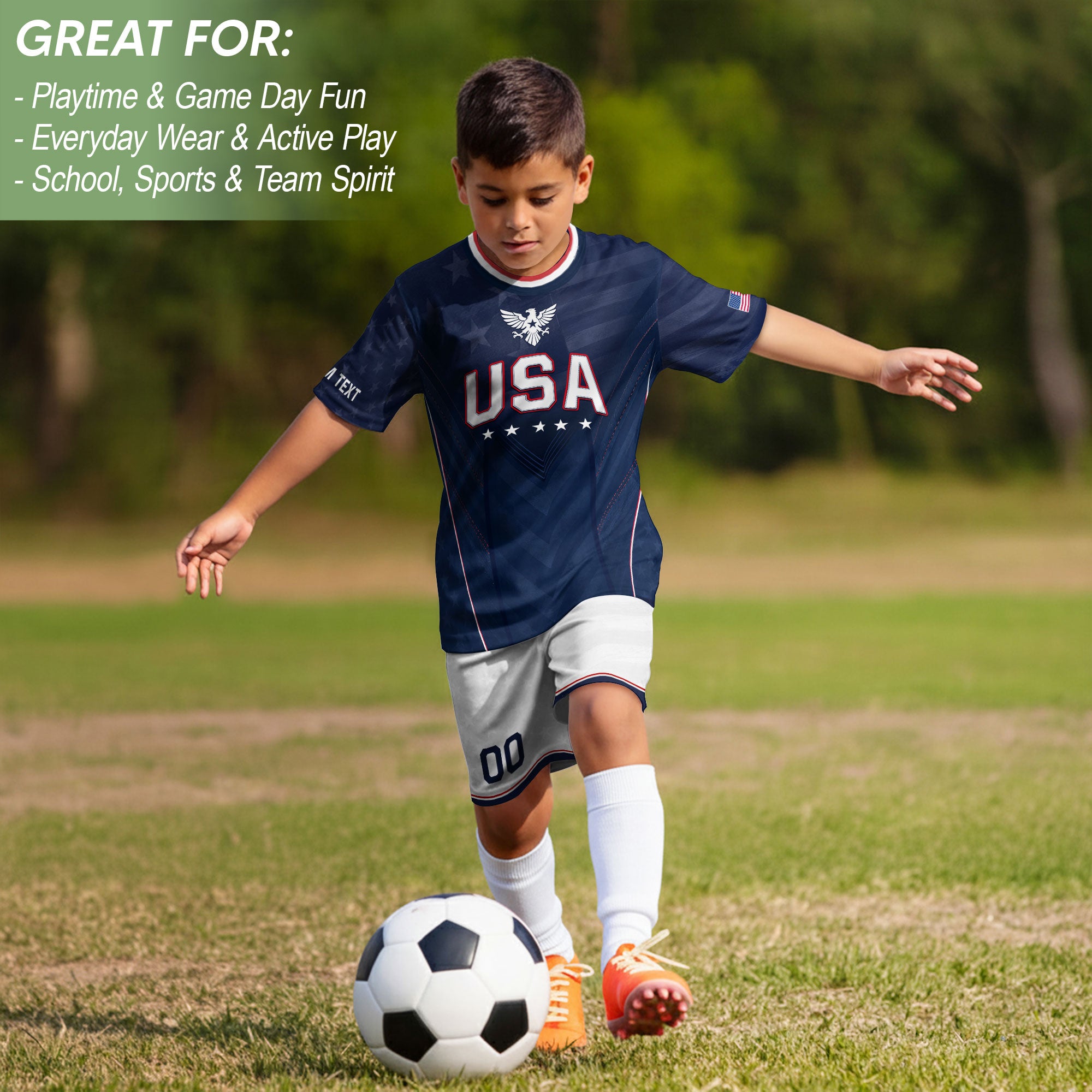 Custom Kids USA Soccer Jersey Blue Youth Patriotic Personalized Football Team Shirt