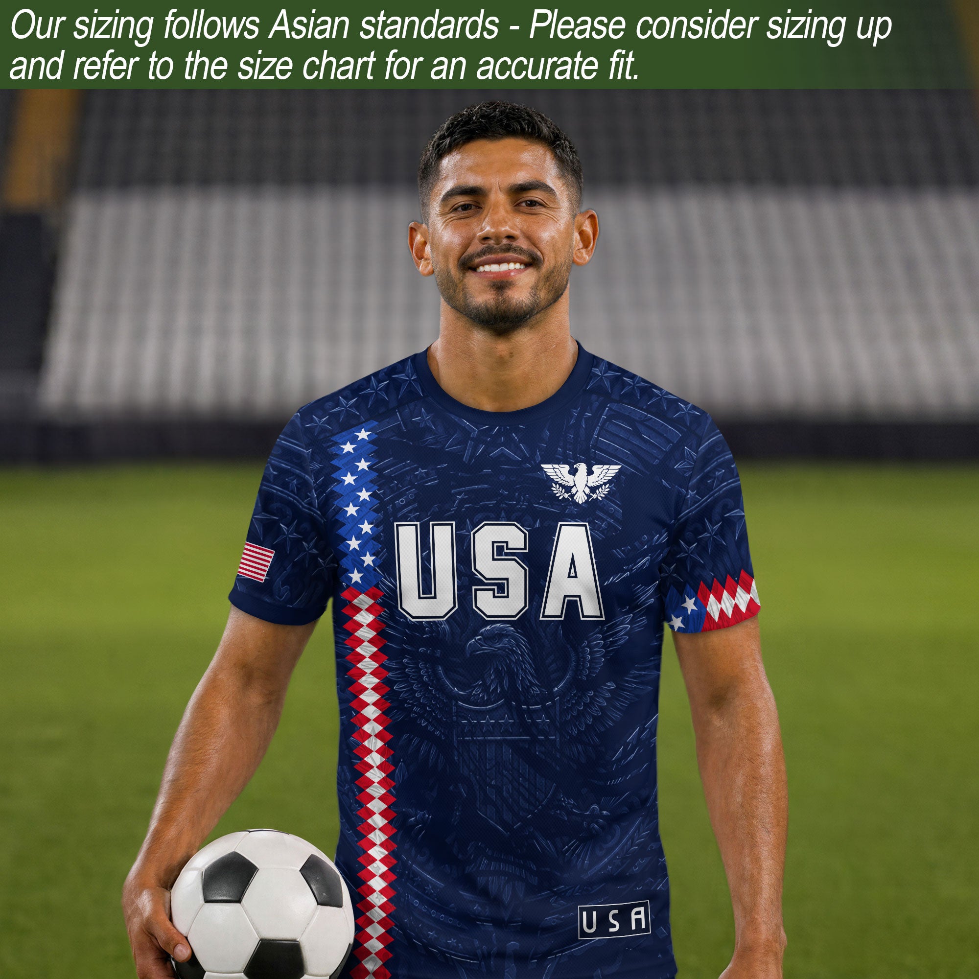 USA Soccer Jersey Men Navy Blue Eagle Flag Pattern Patriotic Football Shirt - Rust Field Wear