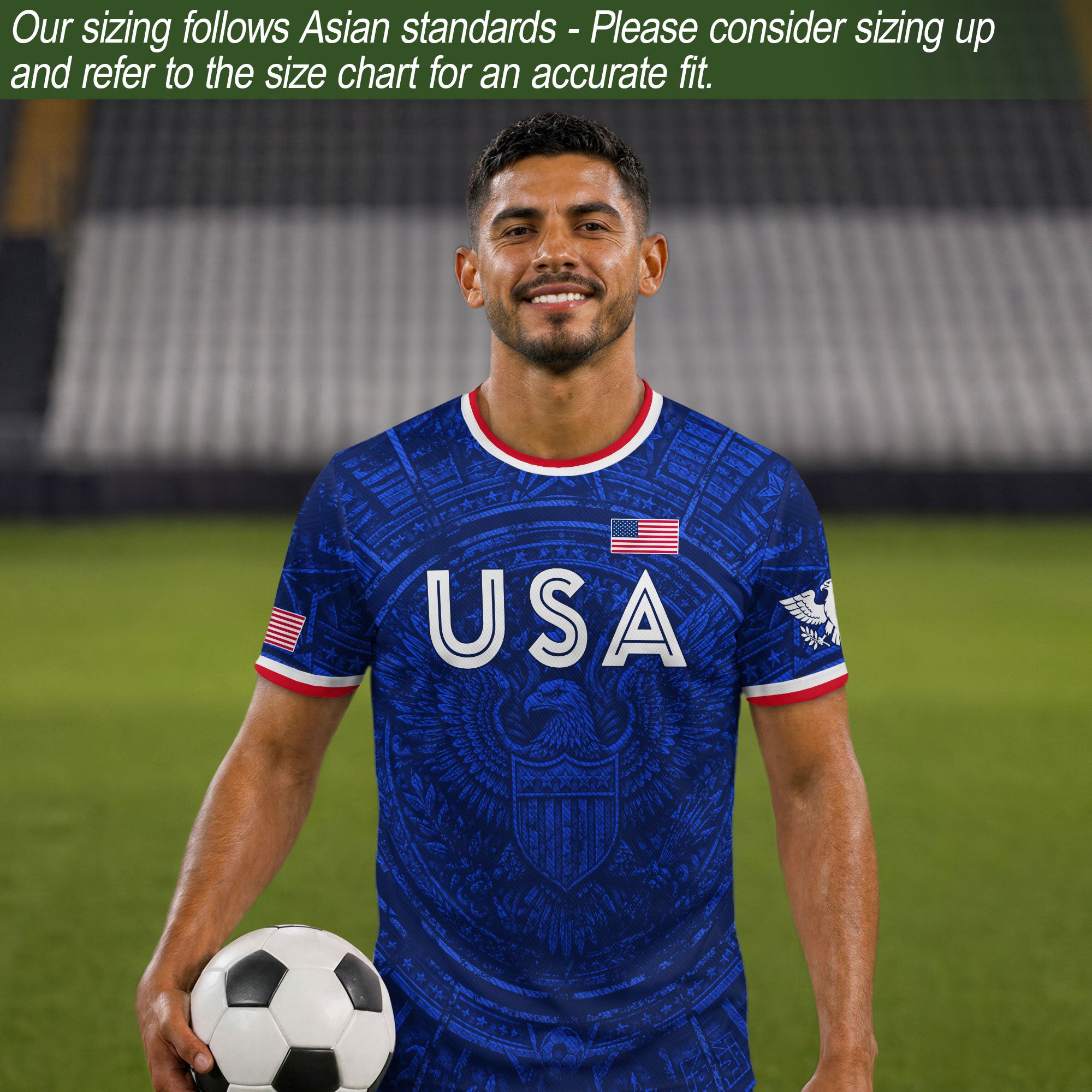 USA Soccer Jersey Men Royal Blue Eagle Graphic Patriotic Football T-Shirt - Rust Field Wear