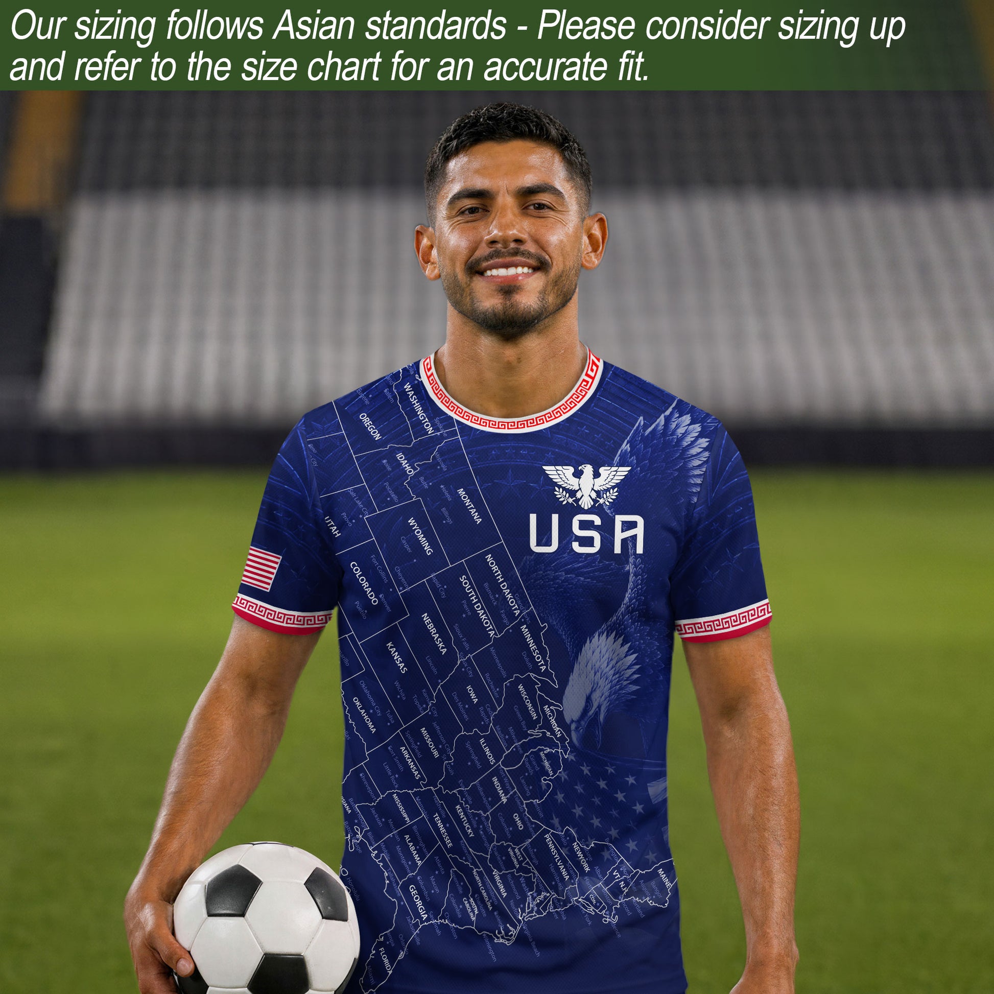 USA Soccer Jersey Men Navy Blue Eagle Map Graphic Patriotic Football T-Shirt - Rust Field Wear
