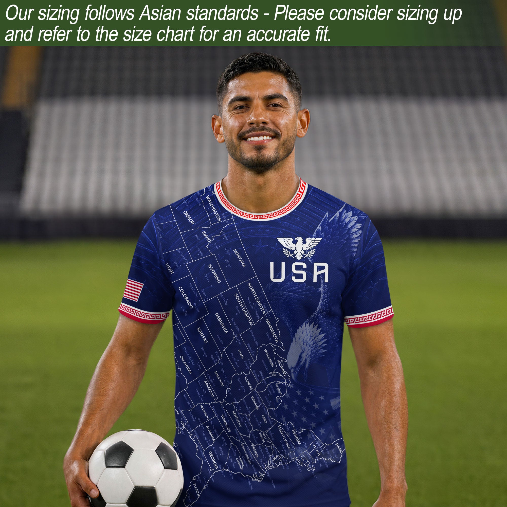 USA Soccer Jersey Men Navy Blue Eagle Map Graphic Patriotic Football T-Shirt - Rust Field Wear
