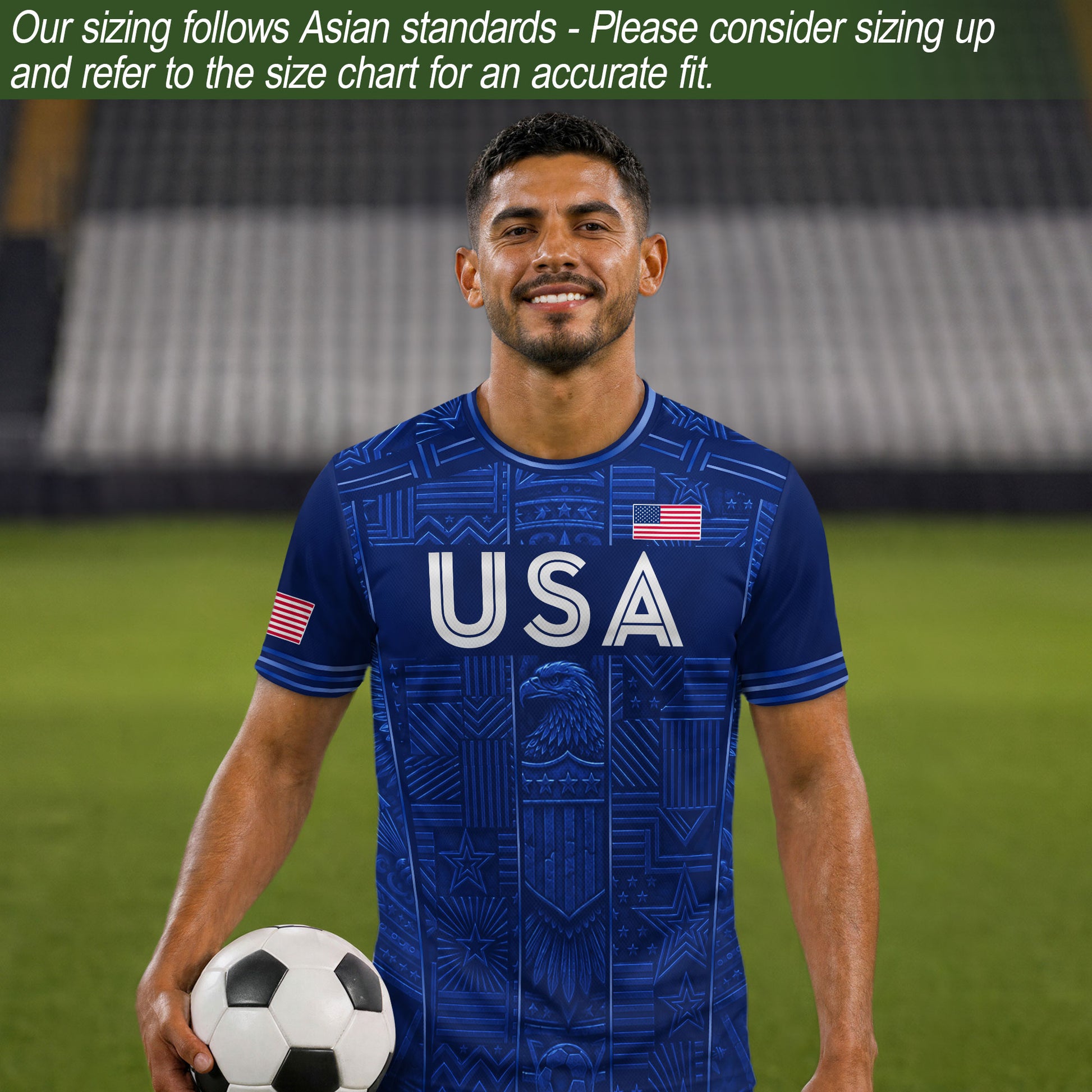 USA Soccer Jersey Men Navy Blue Eagle Star Pattern Patriotic Football T-Shirt - Rust Field Wear