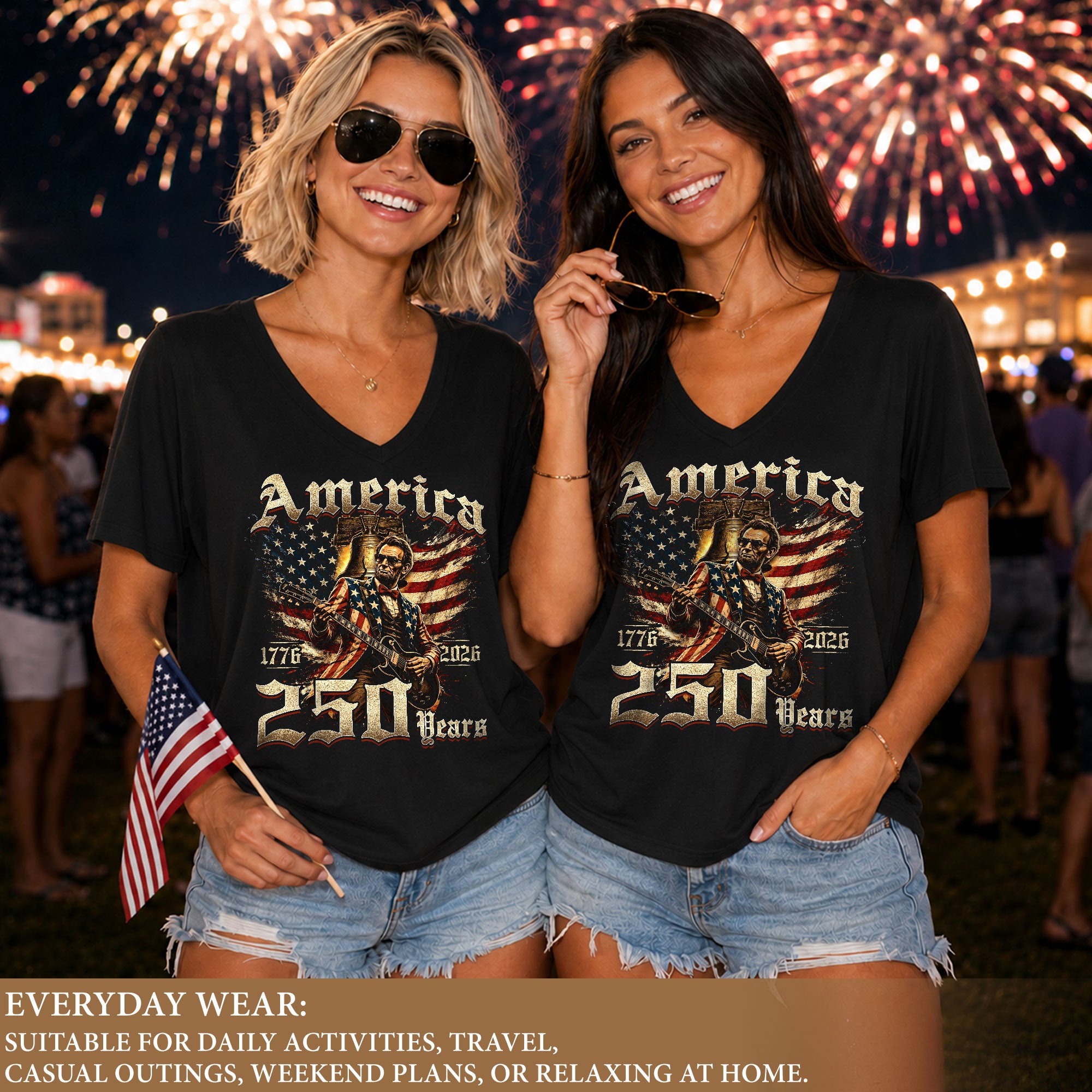 Lincoln Guitar V Neck Women T-Shirt Retro Aesthetic Patriotic 1776-2026 America 250 Years