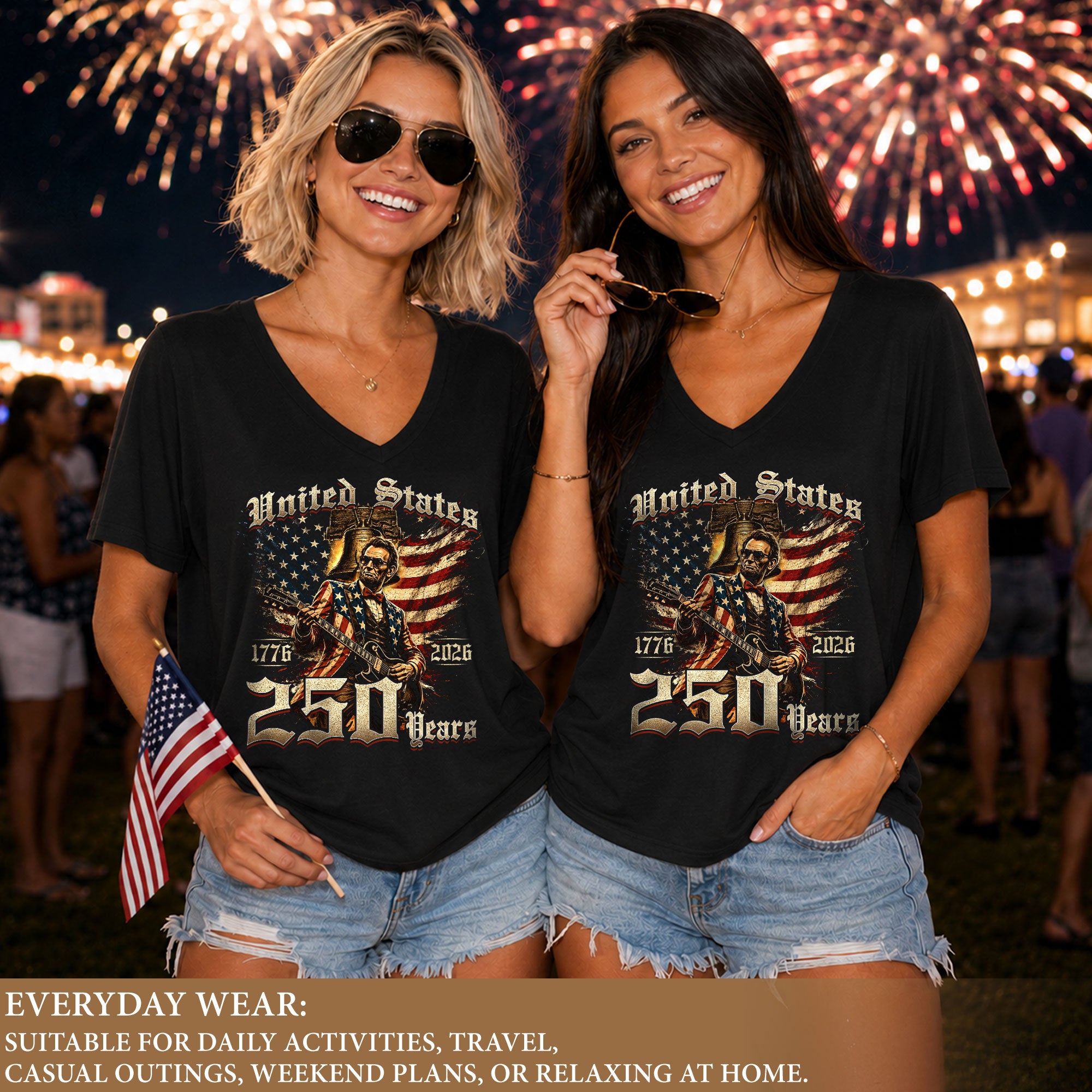 Lincoln Guitar V Neck Women T-Shirt Retro Aesthetic Patriotic 1776-2026 America 250 Years