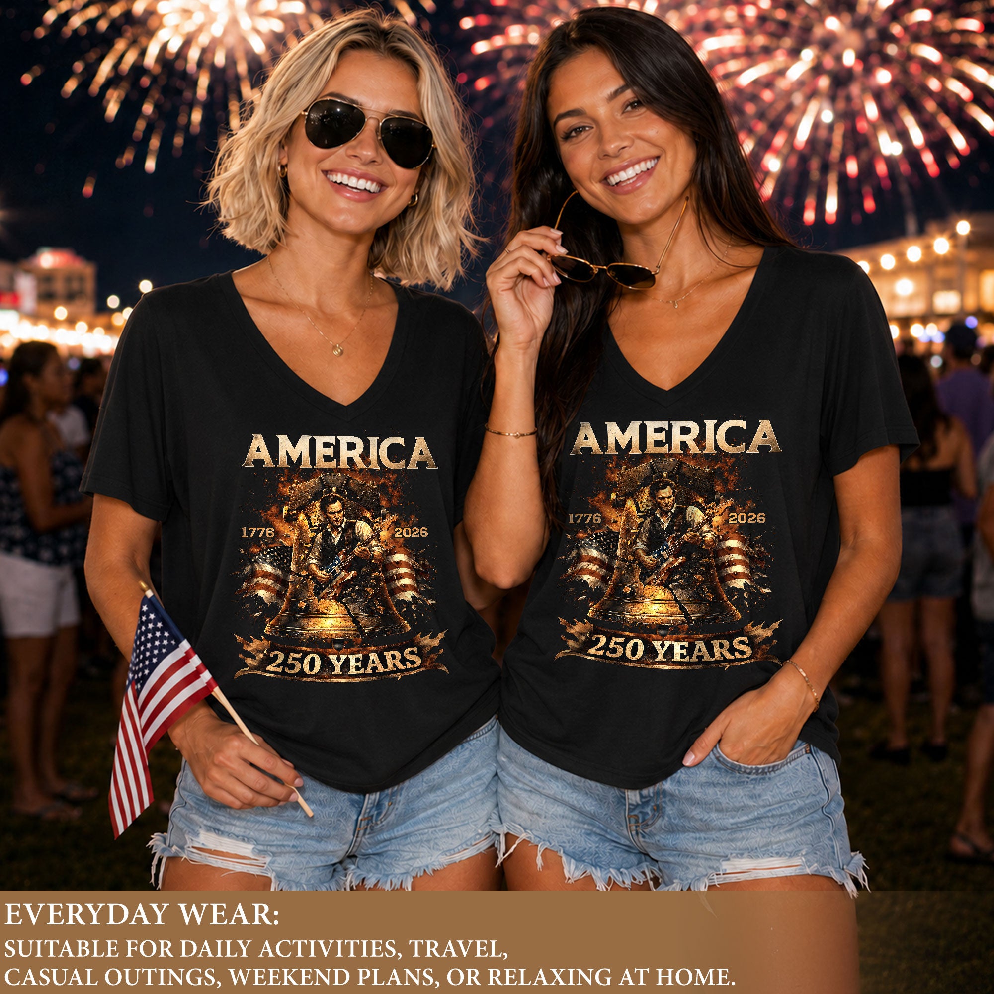 Liberty Bell Guitar V Neck Women T-Shirt Patriotic 1776-2026 America 250 Years Black Tee