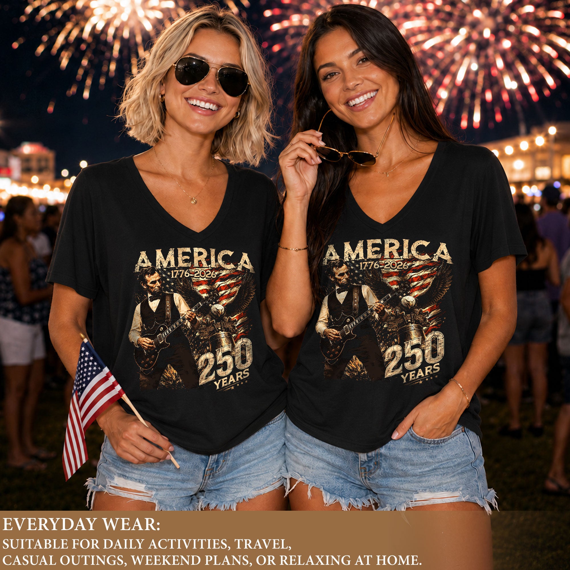 Vintage Lincoln V-Neck Shirt Patriotic Eagle 1776-2026 America 250 Years Women