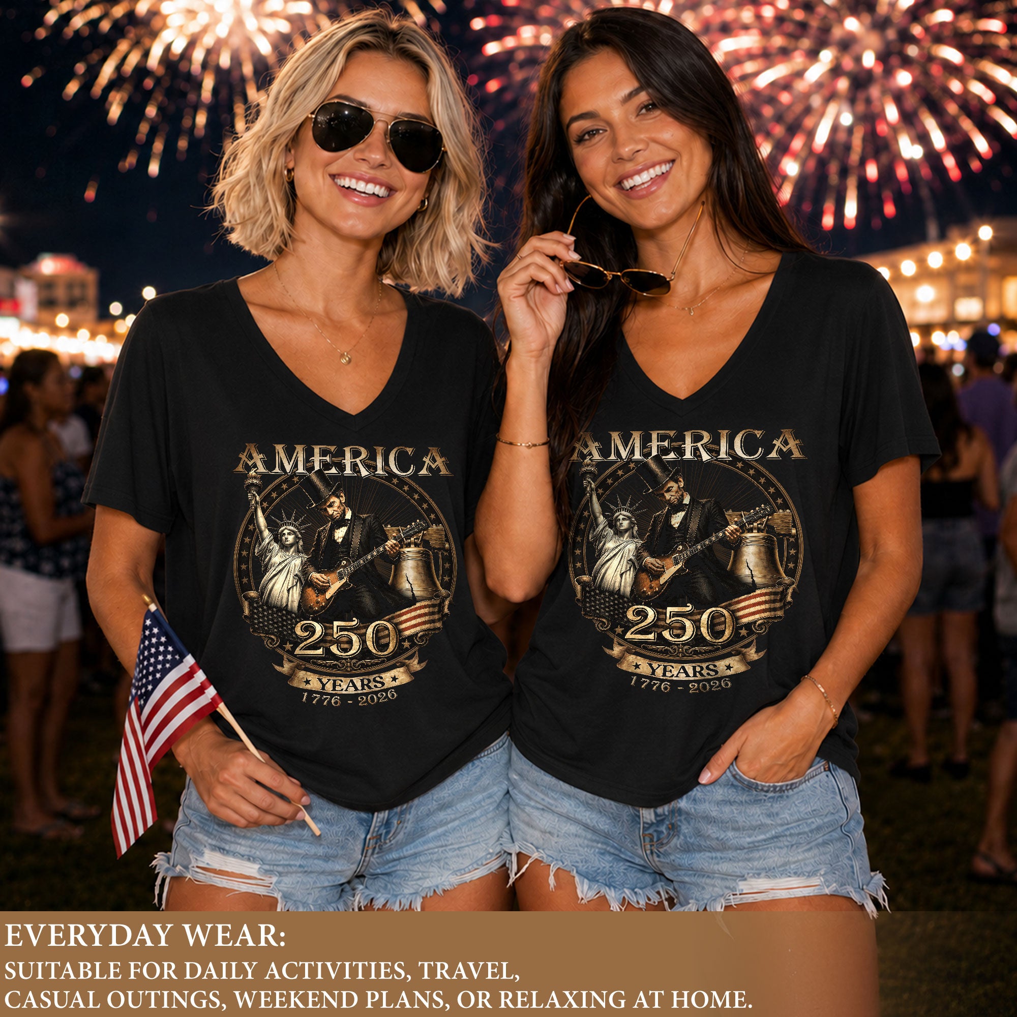 Lincoln Guitar V-Neck Shirt Soft Graphic Tee Patriotic 1776-2026 America 250 Years