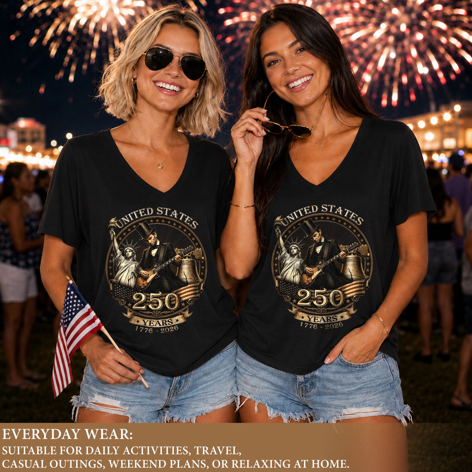 Lincoln Guitar V-Neck Shirt Soft Graphic Tee Patriotic 1776-2026 America 250 Years