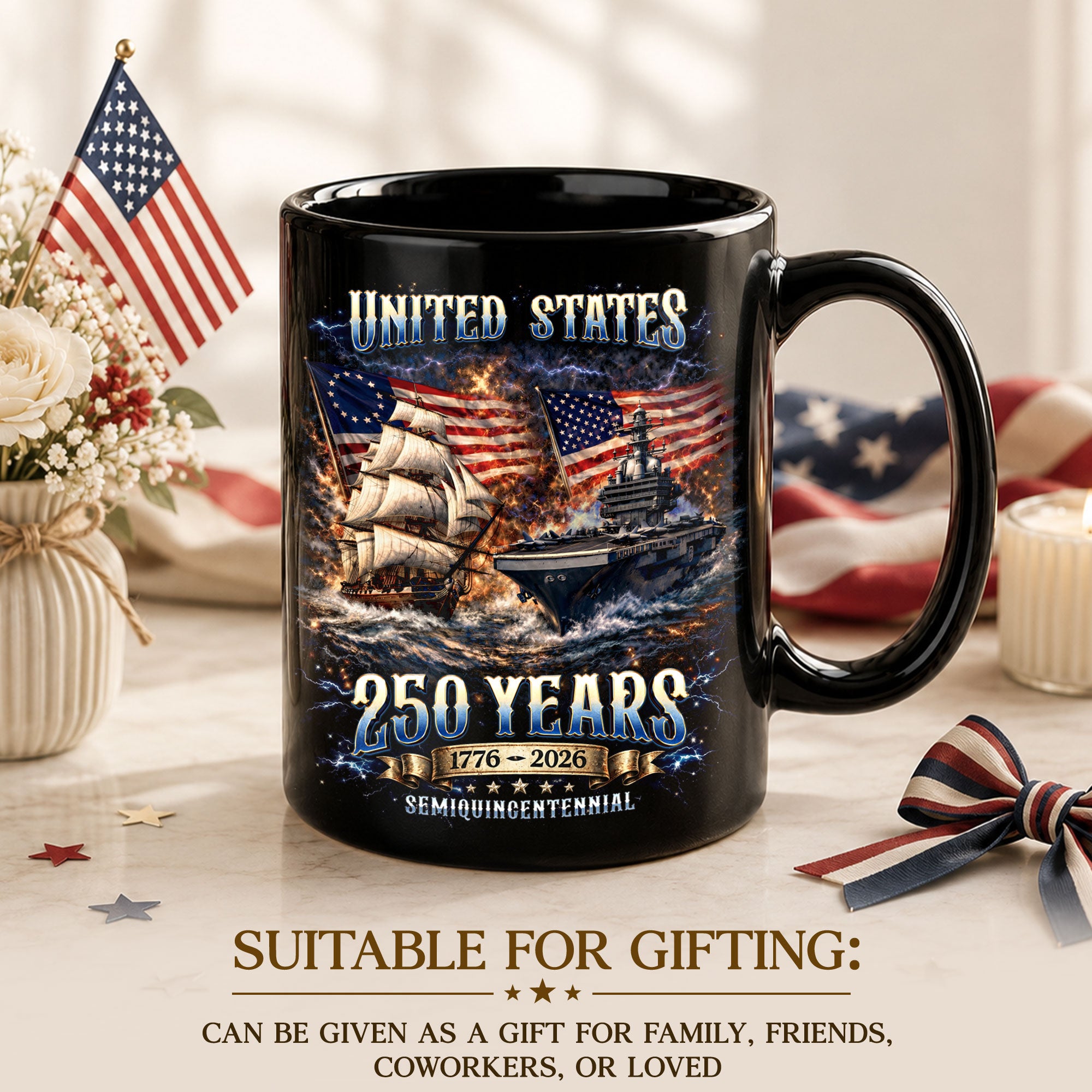 United States 250 Years Mug - 1776 2026 Patriotic Navy Ship Aircraft Carrier Cup