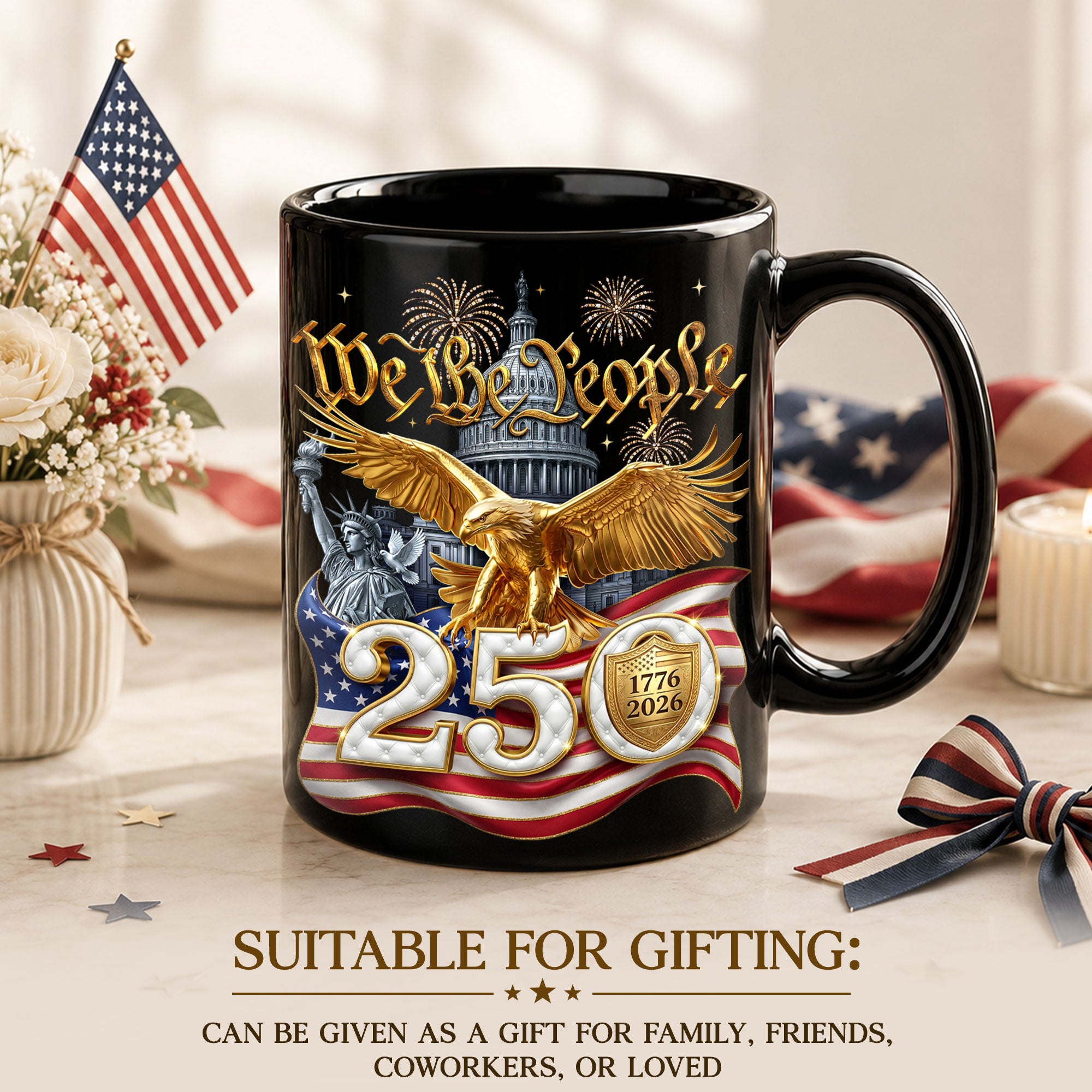 We The People 1776-2026 Mug - Retro Patriotic Golden Bald Eagle Ceramic Cup