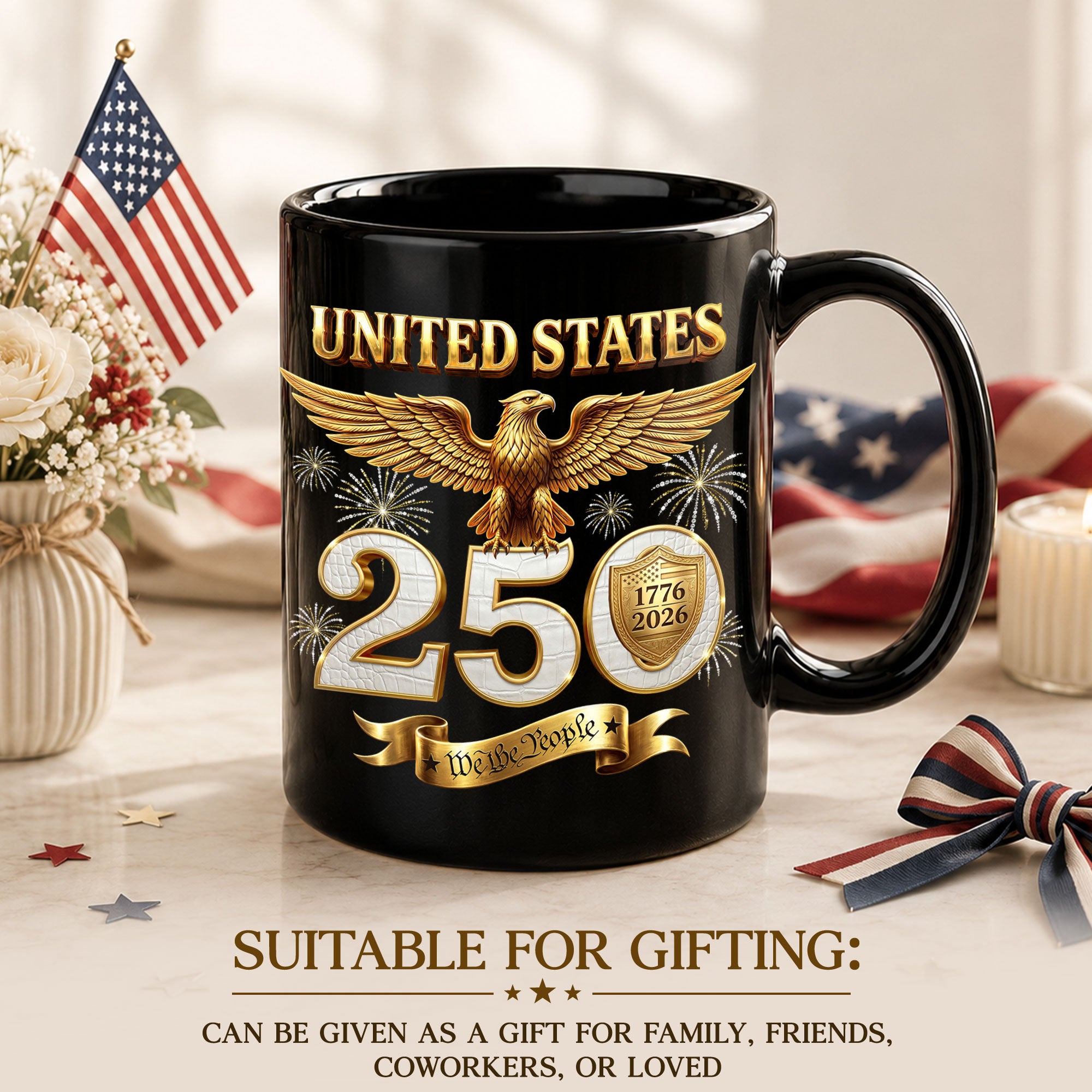 United States 1776 2026 Mug - Golden Patriotic Eagle We The People Ceramic Gift Cup