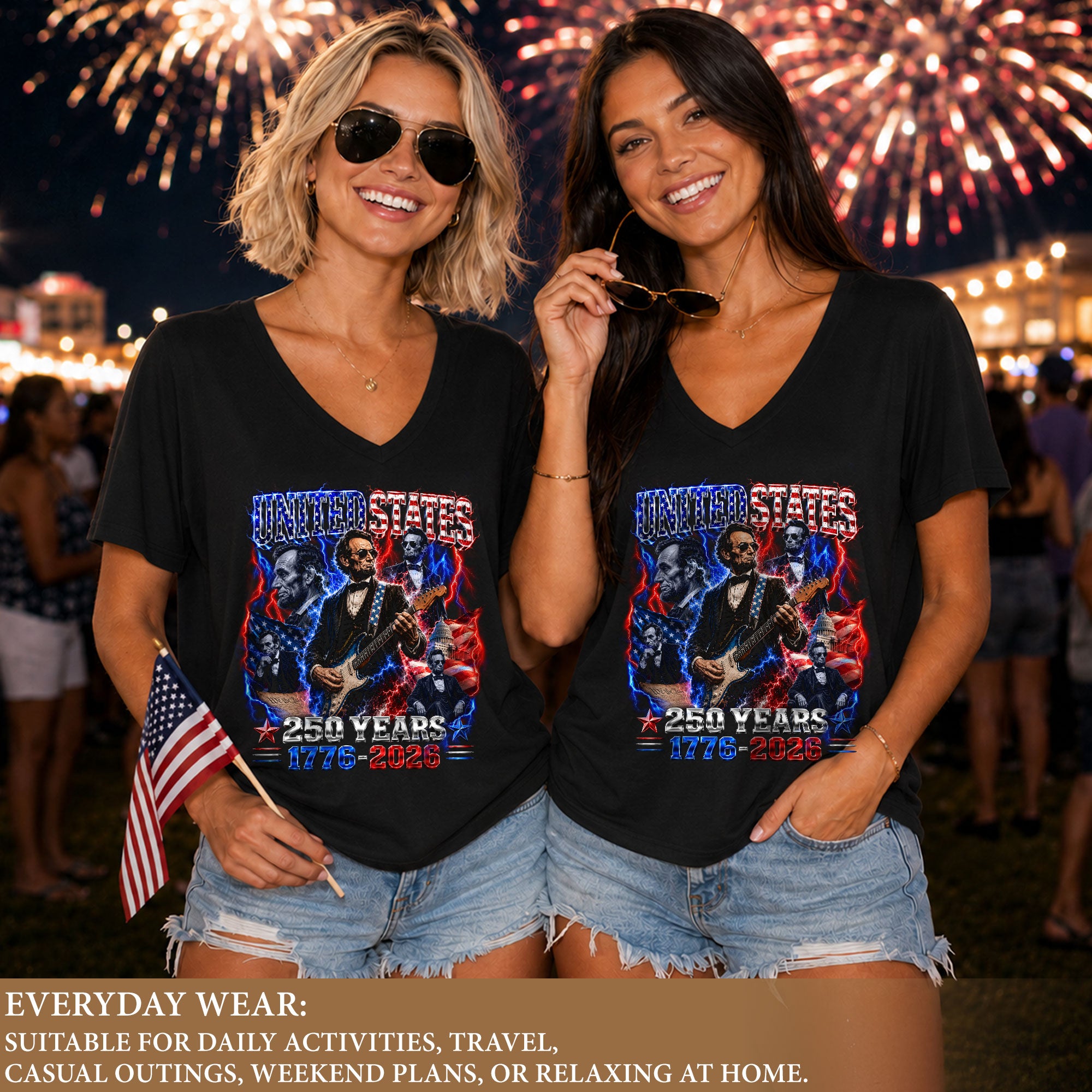 Patriotic Abraham Lincoln Rock Guitar V-neck Shirt - 1776-2026 Historical Graphic Tee