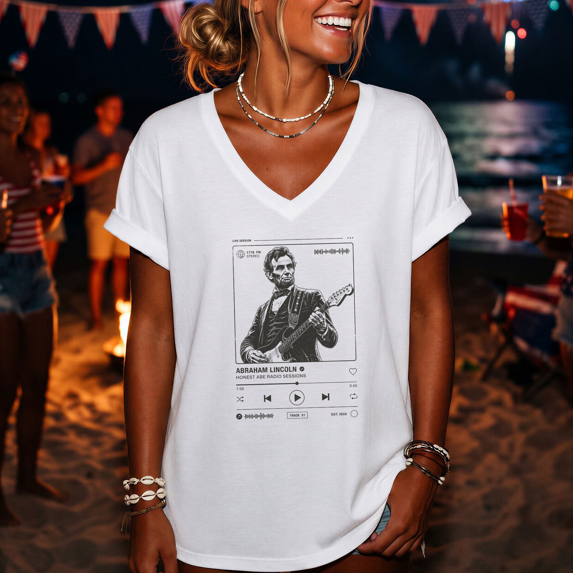 Abraham Lincoln Music Radio Session White V-neck Shirt - Vintage Graphic Apparel Tee