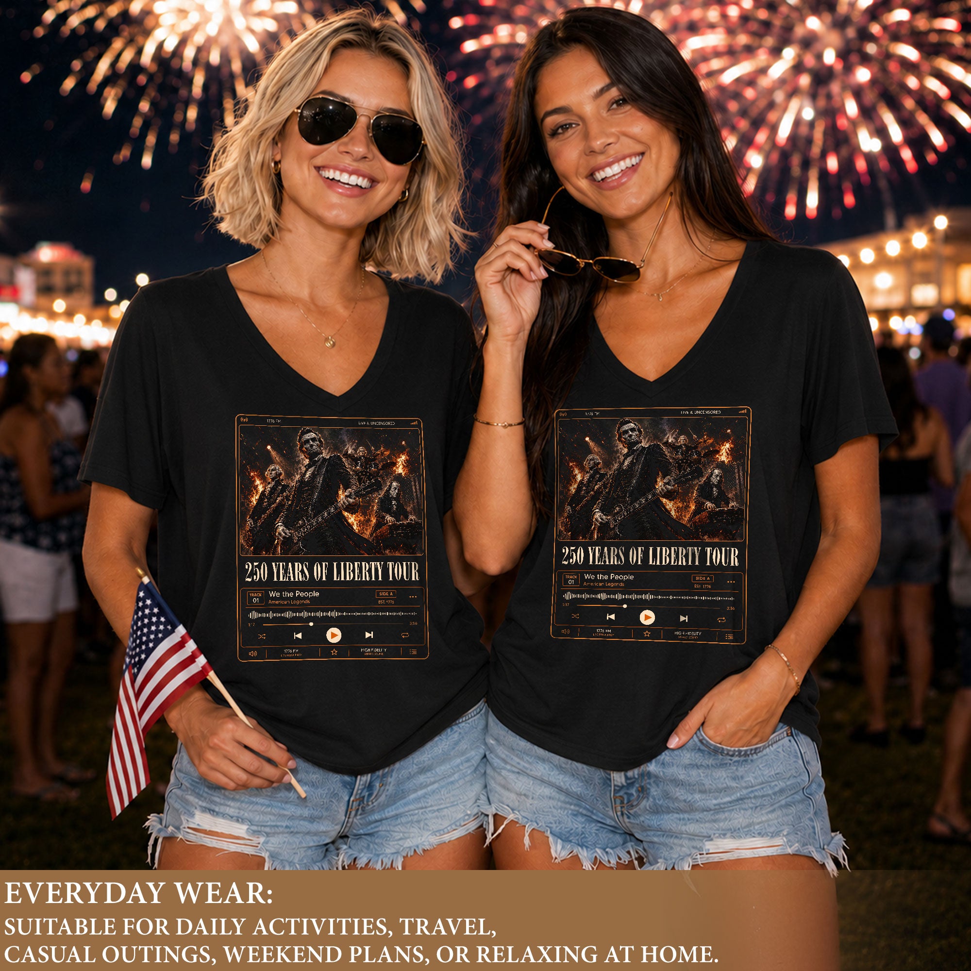 Historic Liberty Tour Rock Band V-neck Shirt - Patriotic American Graphic Apparel Tee