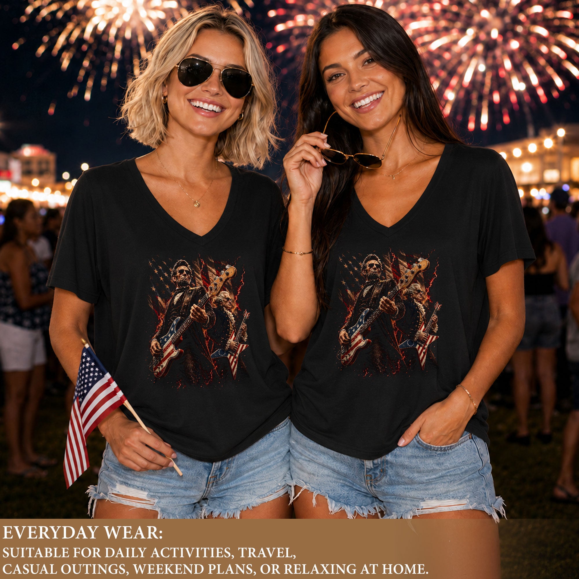 Iconic Presidents Rocking Out V-neck Shirt - Patriotic Vintage Musical Graphic Tee