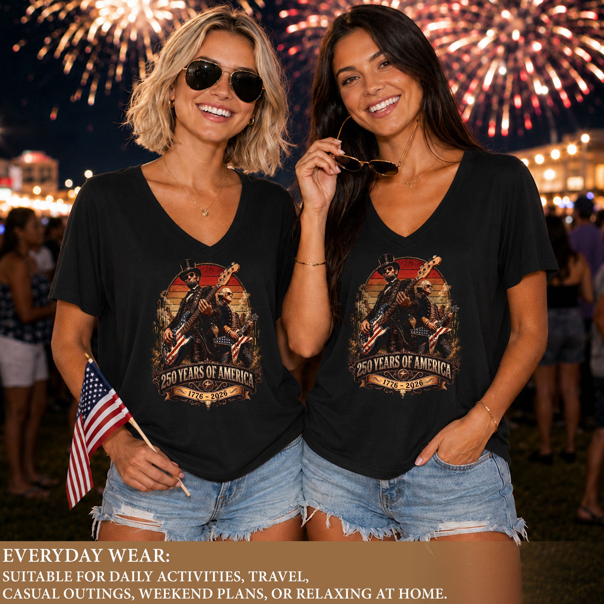 250 Years of America Rocking Icons V-neck Shirt - Vintage Patriotic Music Graphic Tee