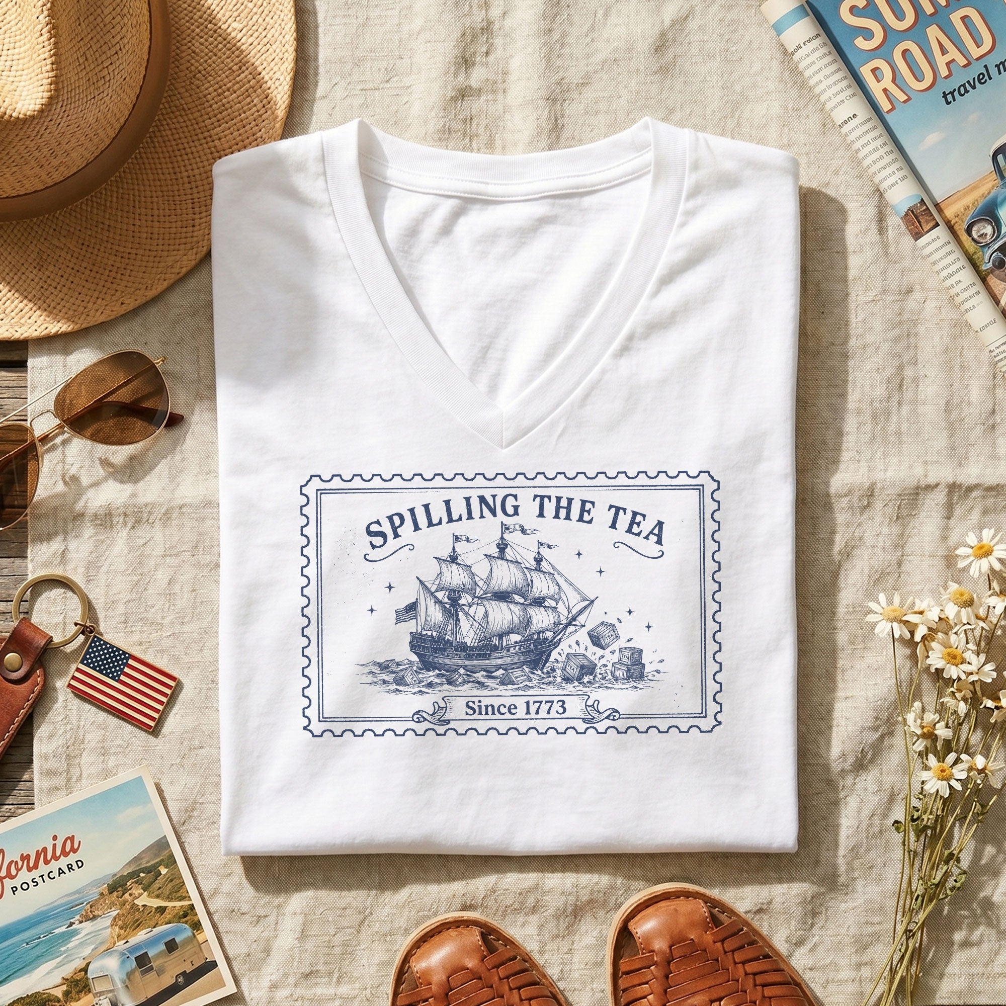 Women Spilling The Tea Since 1773 V-Neck Shirt Vintage Patriotic Ship Graphic Tee