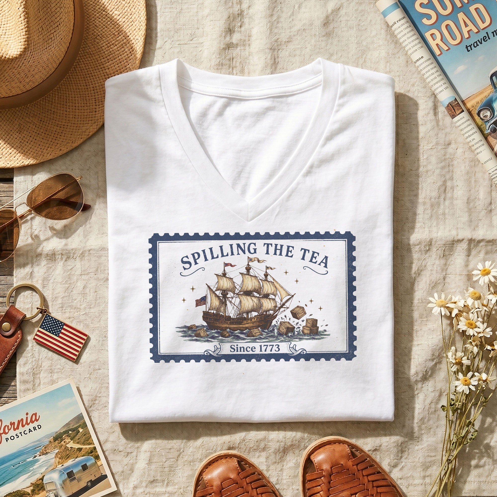 Women Spilling The Tea Since 1773 V-Neck Tee Vintage Patriotic Sailing Ship Shirt