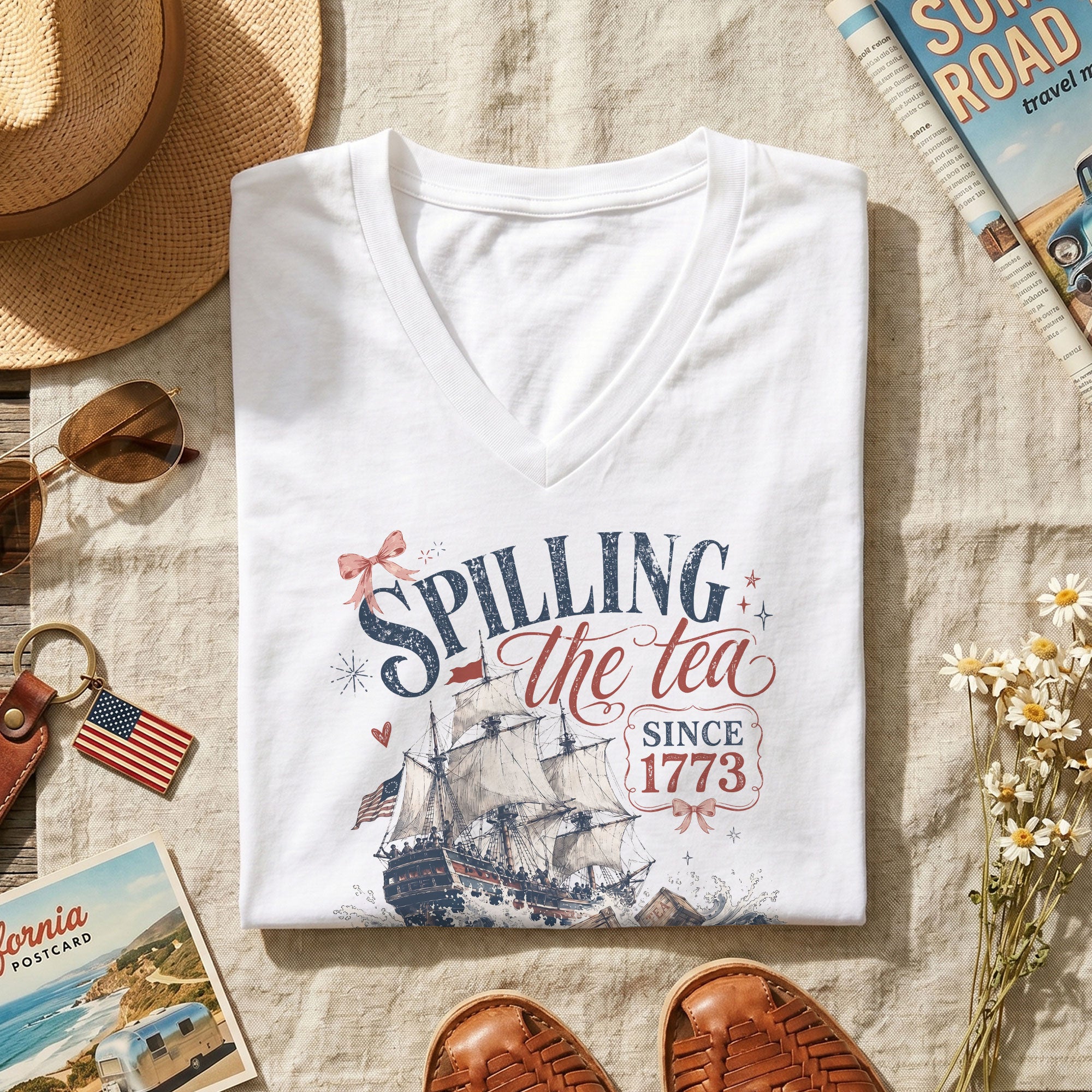 Women Spilling The Tea Since 1773 V-Neck Tee Patriotic Tea Party Graphic Shirt