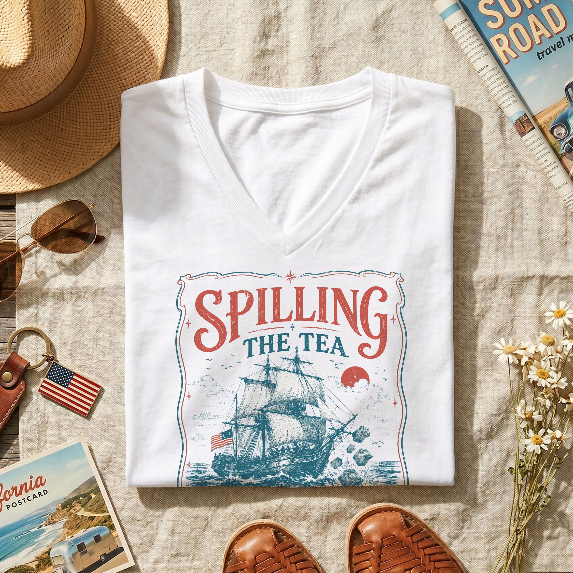 Women Spilling The Tea Since 1773 V-Neck Shirt Patriotic Vintage Sailing Ship Tee
