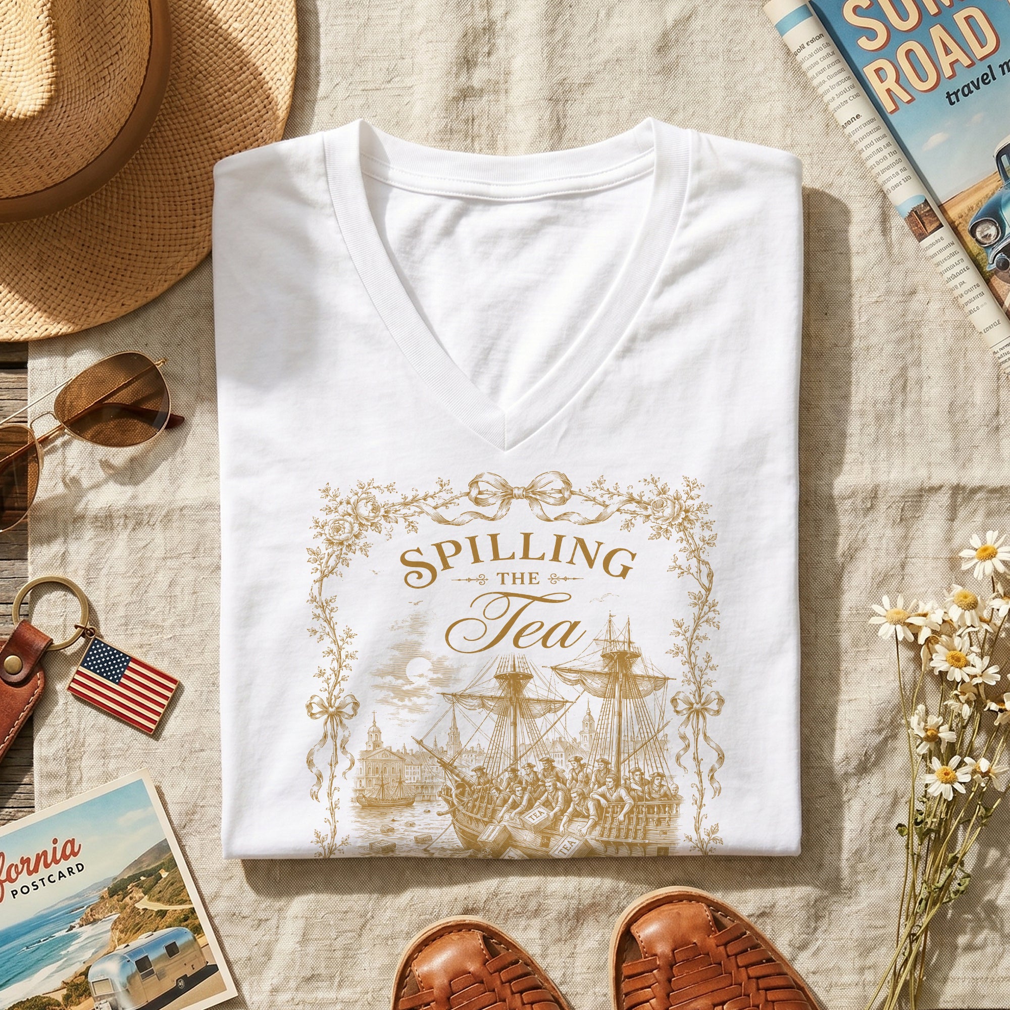 Women Spilling The Tea Since 1773 V-Neck Shirt Vintage Patriotic Boston Tea Party Tee