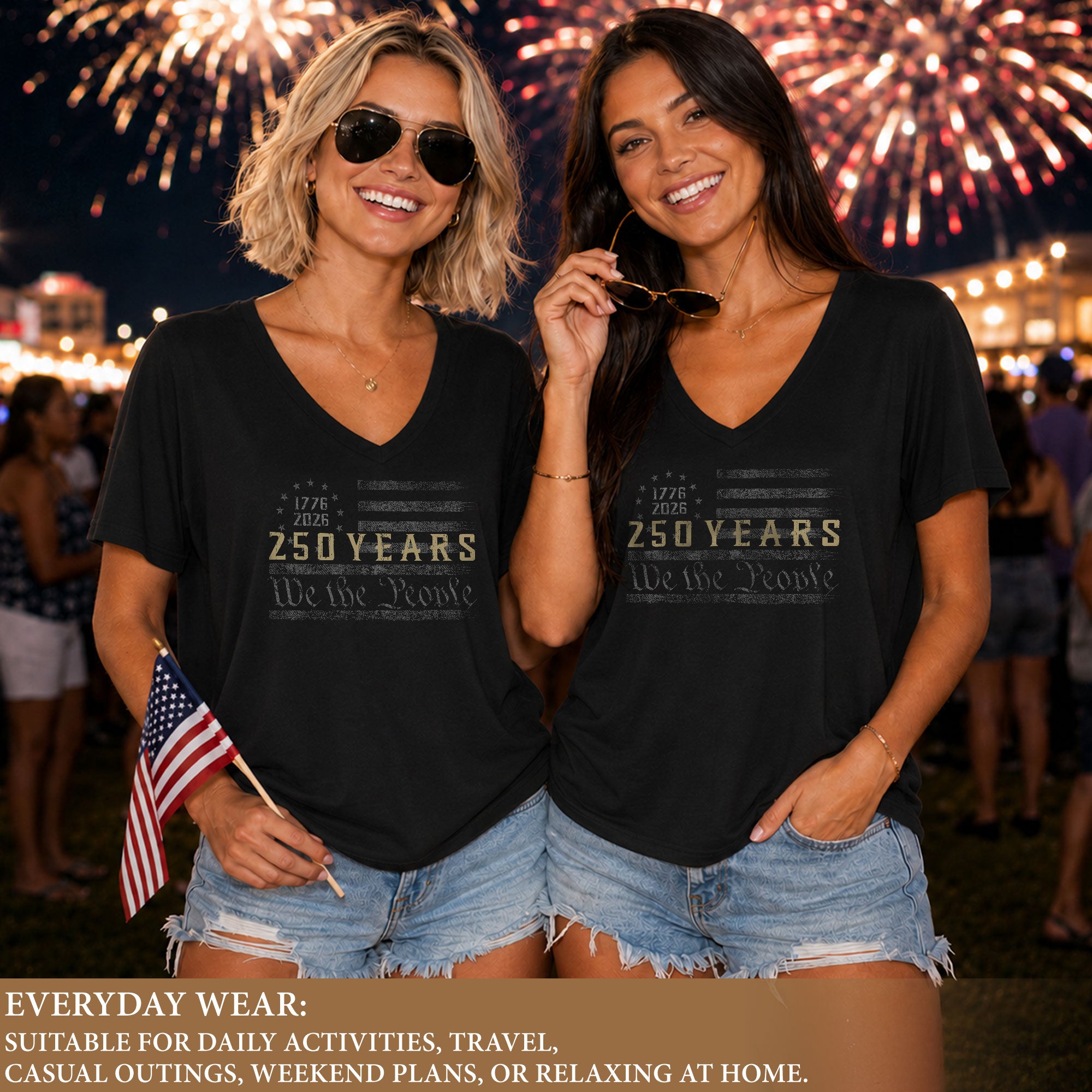 Patriotic V-Neck T-Shirt Women 1776-2026 250 Years We The People Historical Graphic