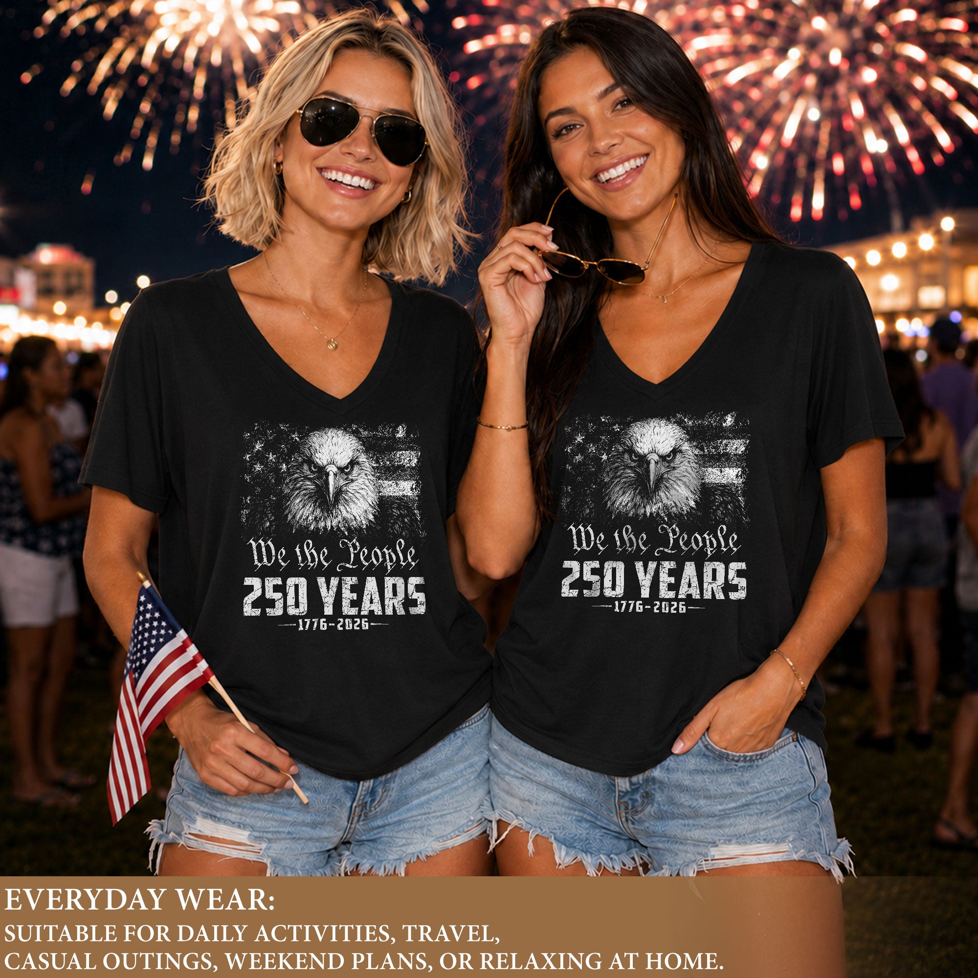 Women's V-Neck Graphic T-Shirt Eagle 1776-2026 Patriotic Design We The People Top - Rust Field Wear
