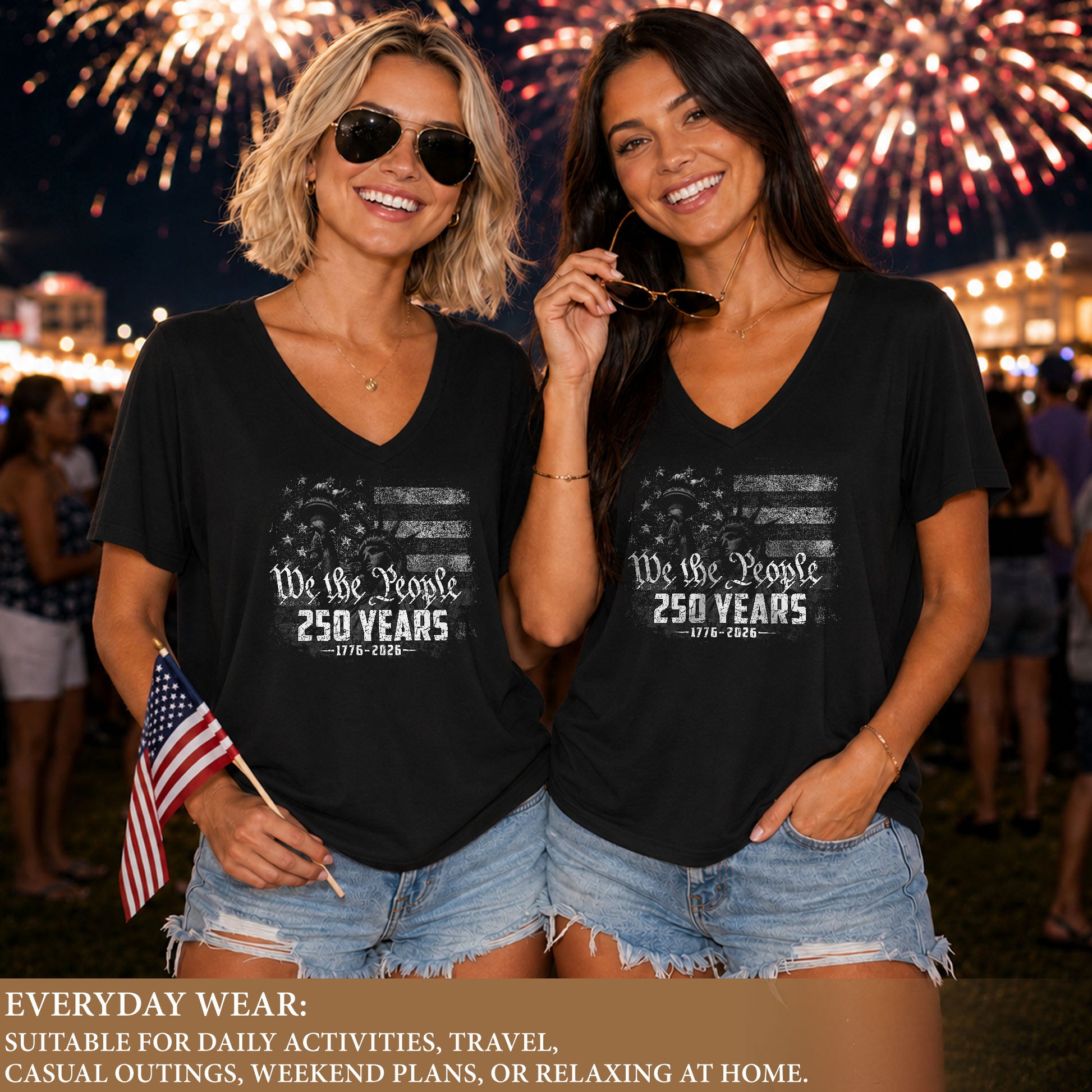 Women's Statue of Liberty V-Neck Tee "We The People" 1776-2026 Patriotic Apparel - Rust Field Wear