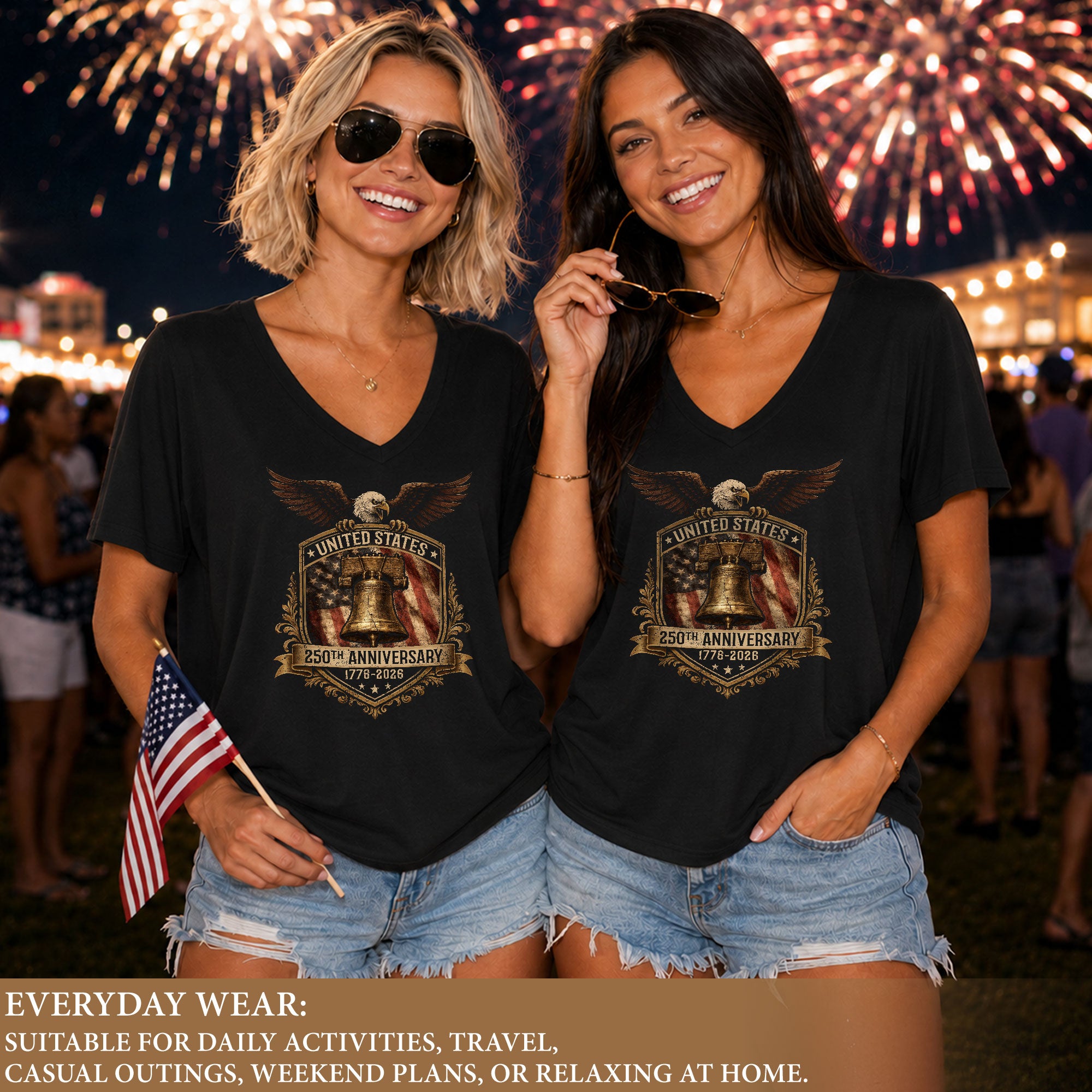 Women's Graphic V-Neck T-Shirt US 250 Years 1776-2026 Anniversary Patriotic Design - Rust Field Wear