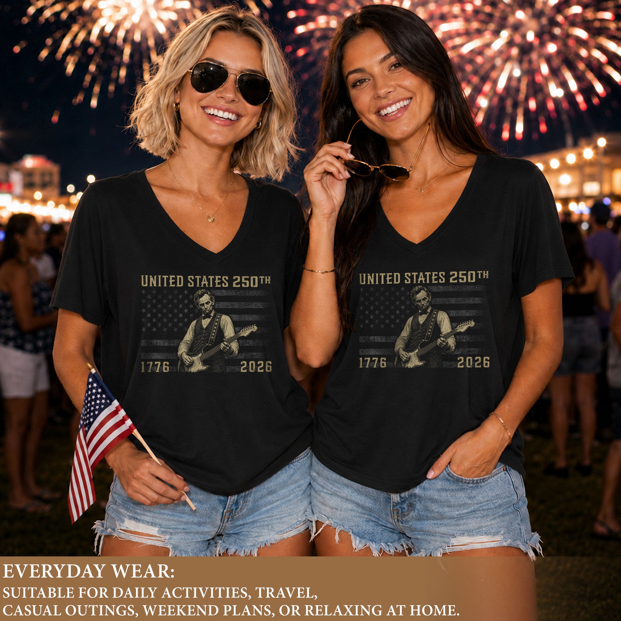 Lincoln Guitar V Neck T-Shirt Patriotic 1776-2026 America 250th Tee Graphic