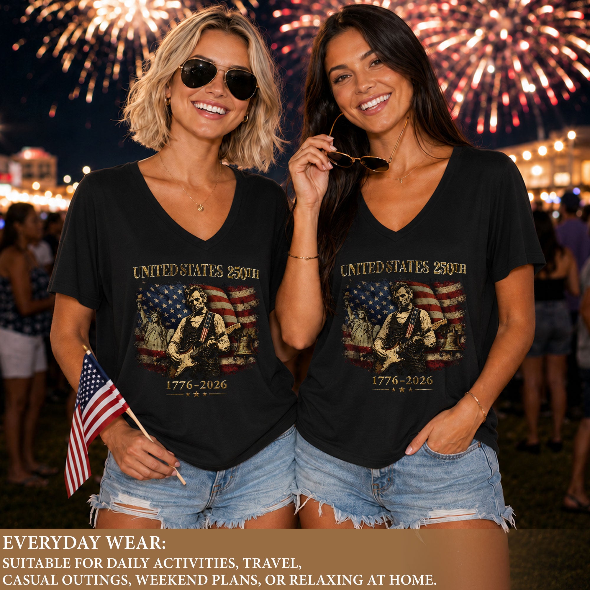 Statue of Liberty Lincoln V-Neck Shirt Vintage 1776-2026 America 250th Women Tee