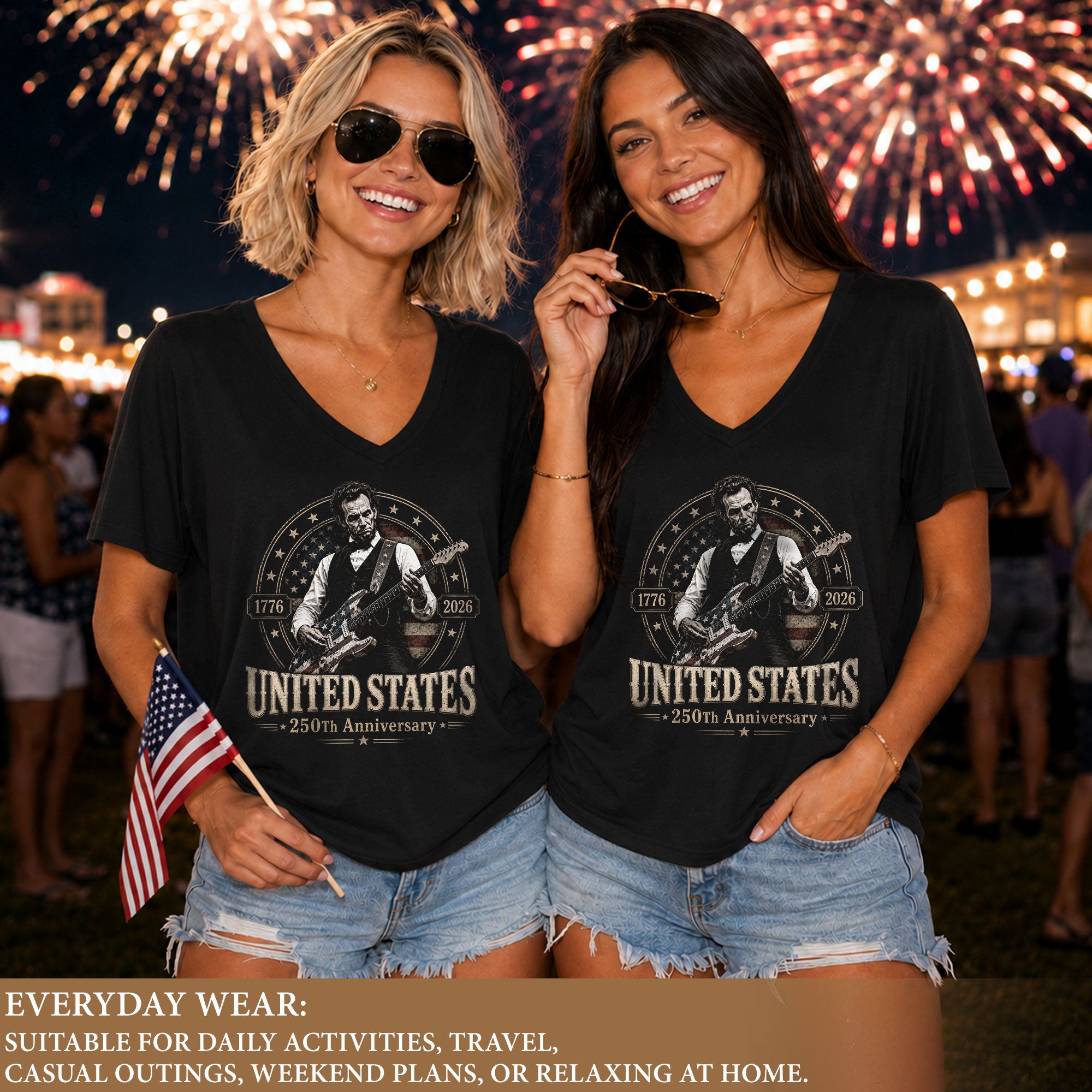 Lincoln Guitarist 1776-2026 Patriotic V-Neck Shirt - Women's Graphic Summer Apparel