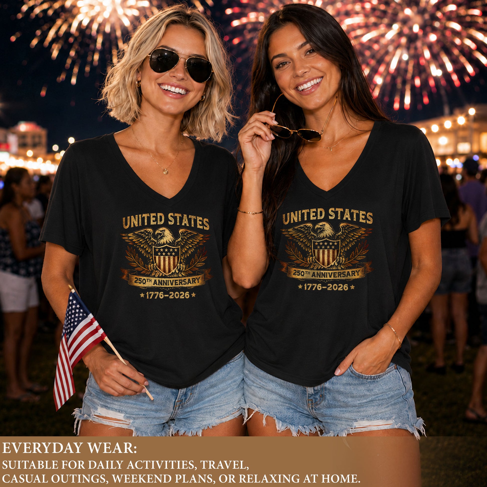 Women's V-Neck Graphic Tee Patriotic Eagle Shield Print 1776-2026 Historical Vintage Top - Rust Field Wear