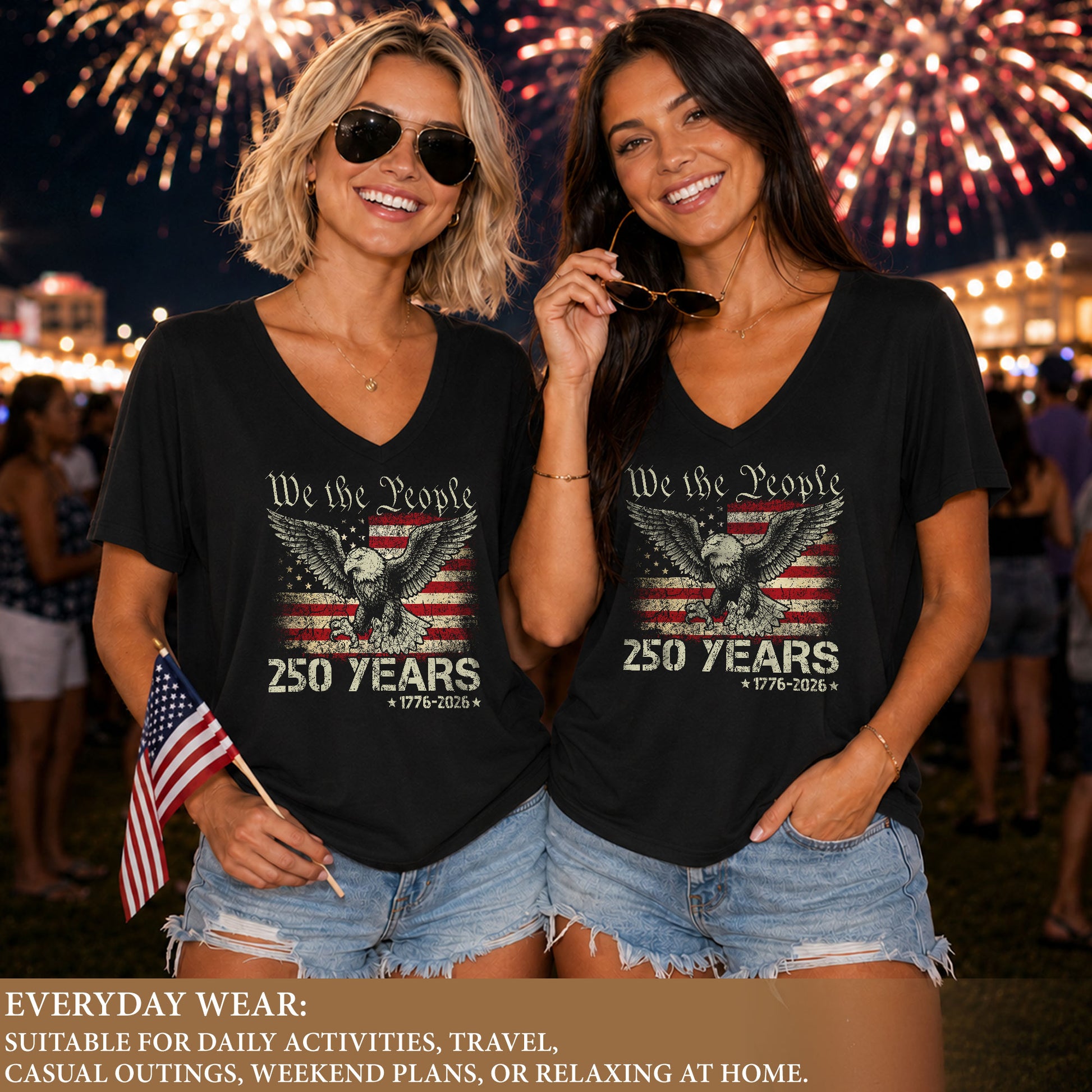 Patriotic We The People Eagle V-Neck T-Shirt Women 1776-2026 Historical Graphic Top - Rust Field Wear